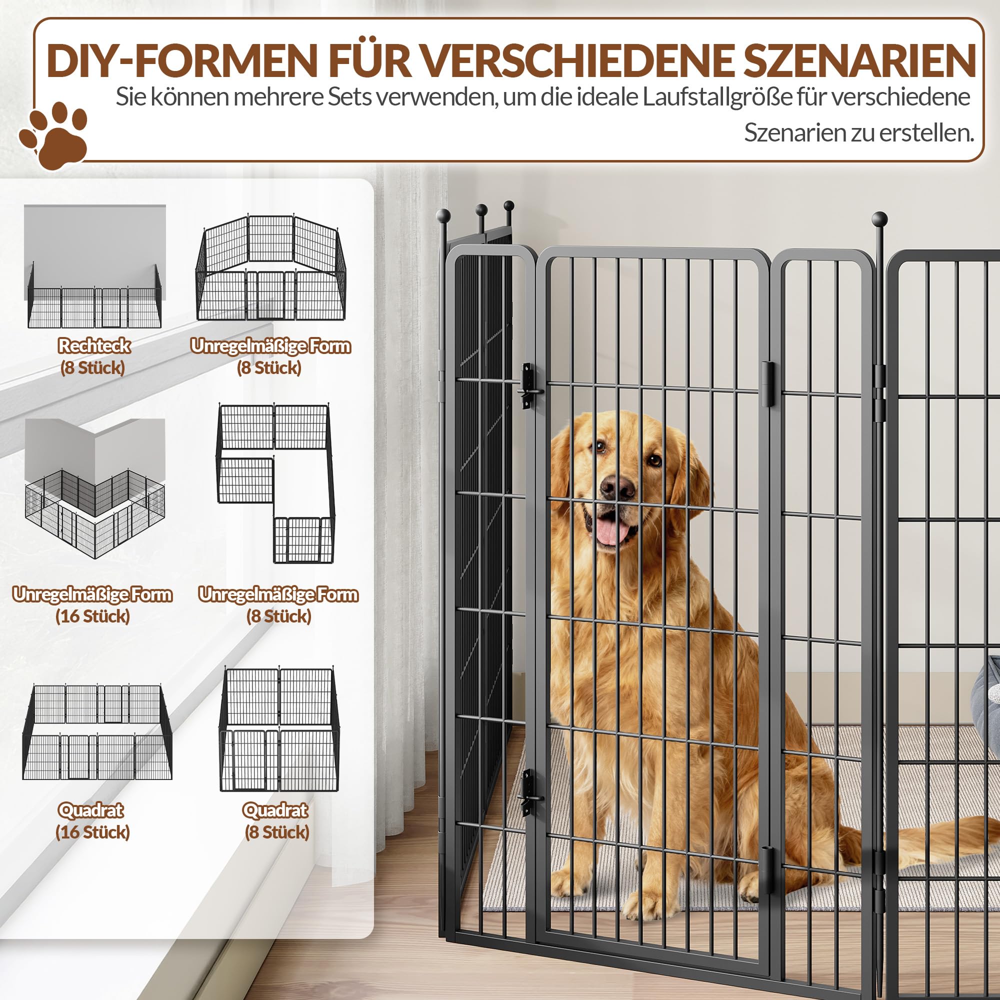 Welpenauslauf, Metall Welpenlaufstall, 100 cm Hoch, Faltbares Freilaufgehege mit Tür, für Innen und Außen, Tierlaufstall, Laufstall DIY, 8 Gitterplatten mit 2 Türschlössern, Schwarz