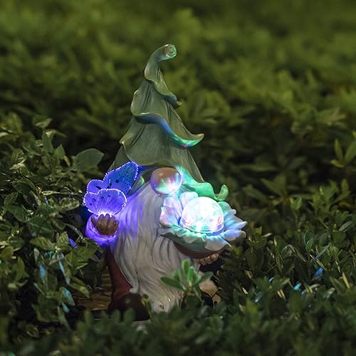Miniatura 7 de LA JOLIE MUSE Estatuas solares de gnomos solares de 11.6 pulgadas, figura de gnomo de resina con orbe mágico y mariposa con luces solares,