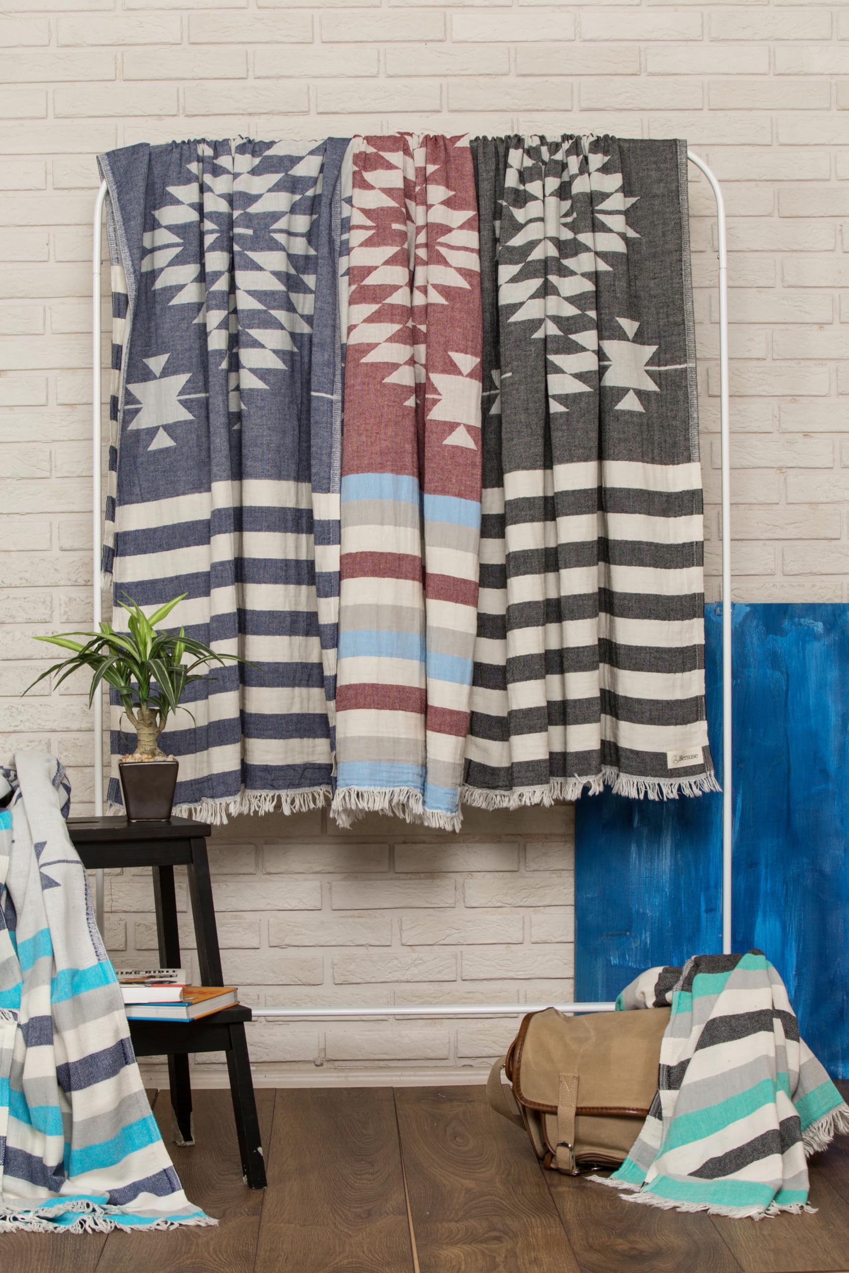 Turkish Cotton Beach Towels - 100% Cotton, 37x70 Inches, Set Of 3, Dark Blue