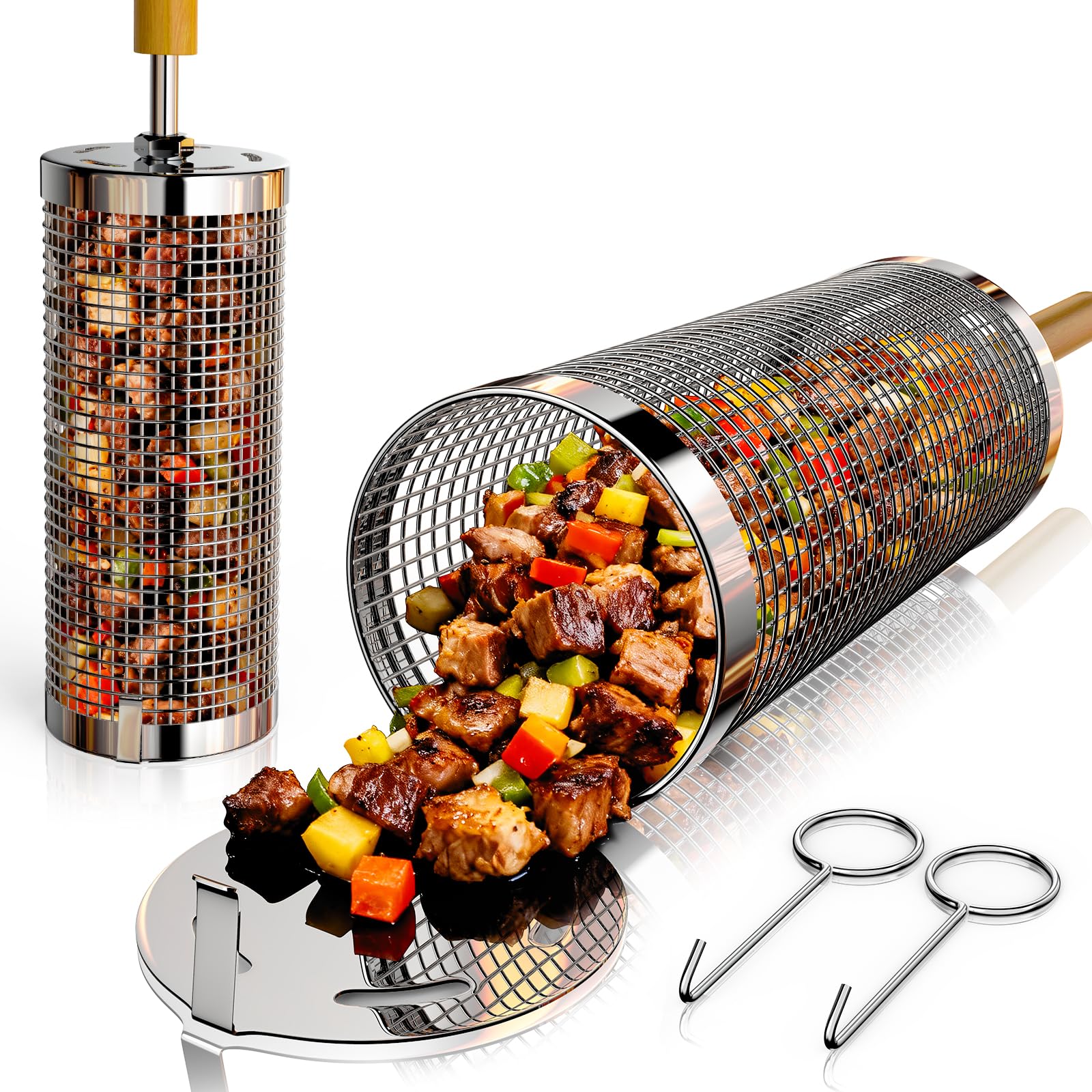 cookwise Rolling Grill Basket,Upgraded 304 Stainless Steel,Nesting Grilling Net,Removable Wooden Handle,BBQ Accessories Tools for Veg,Prawns & Meat,Camping Outdoor Cooking,Gifts for men Dad
