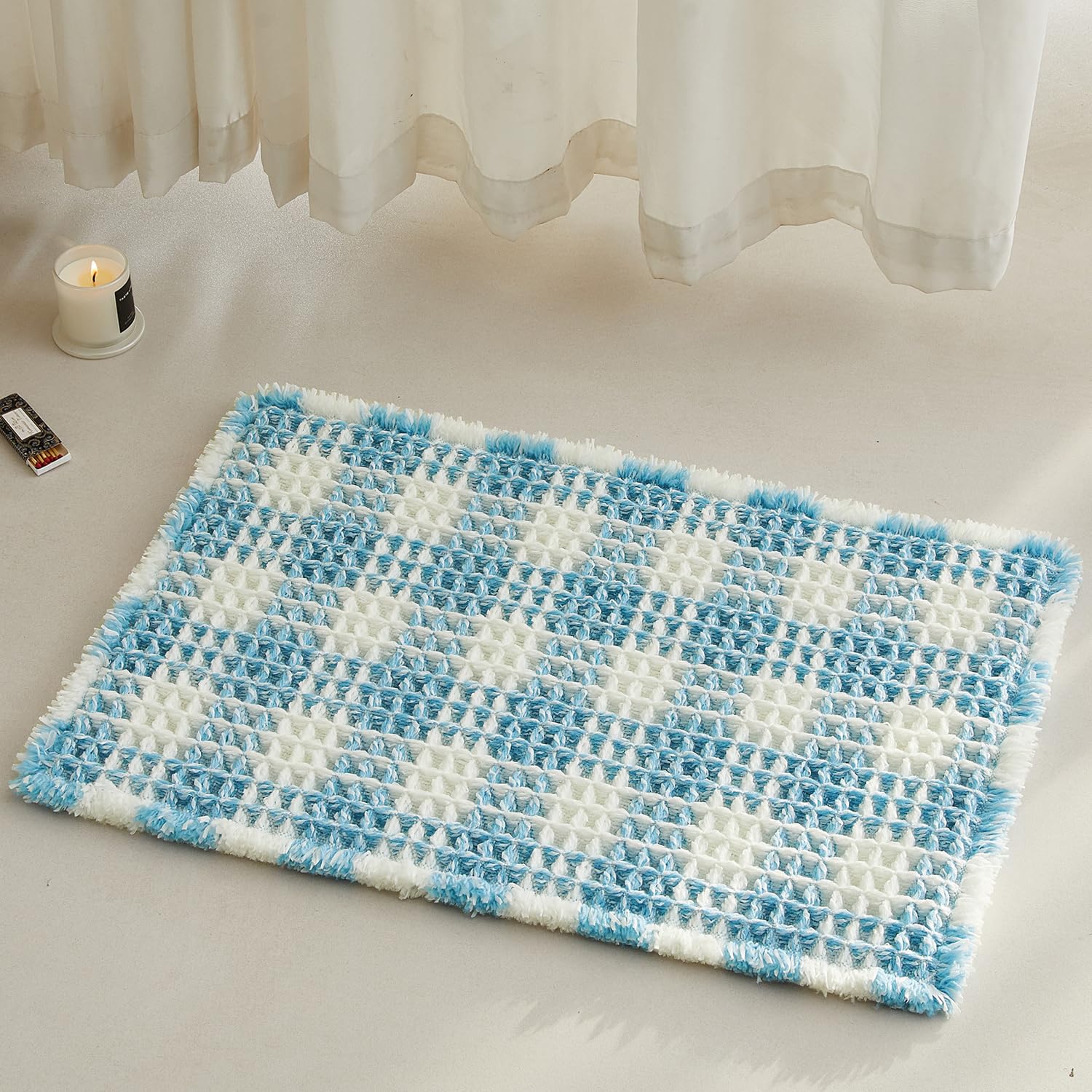 TYUU Waffle Bath Mat, Small Cute Bathroom Rug Non Slip, 24x16 Blue &amp; White
