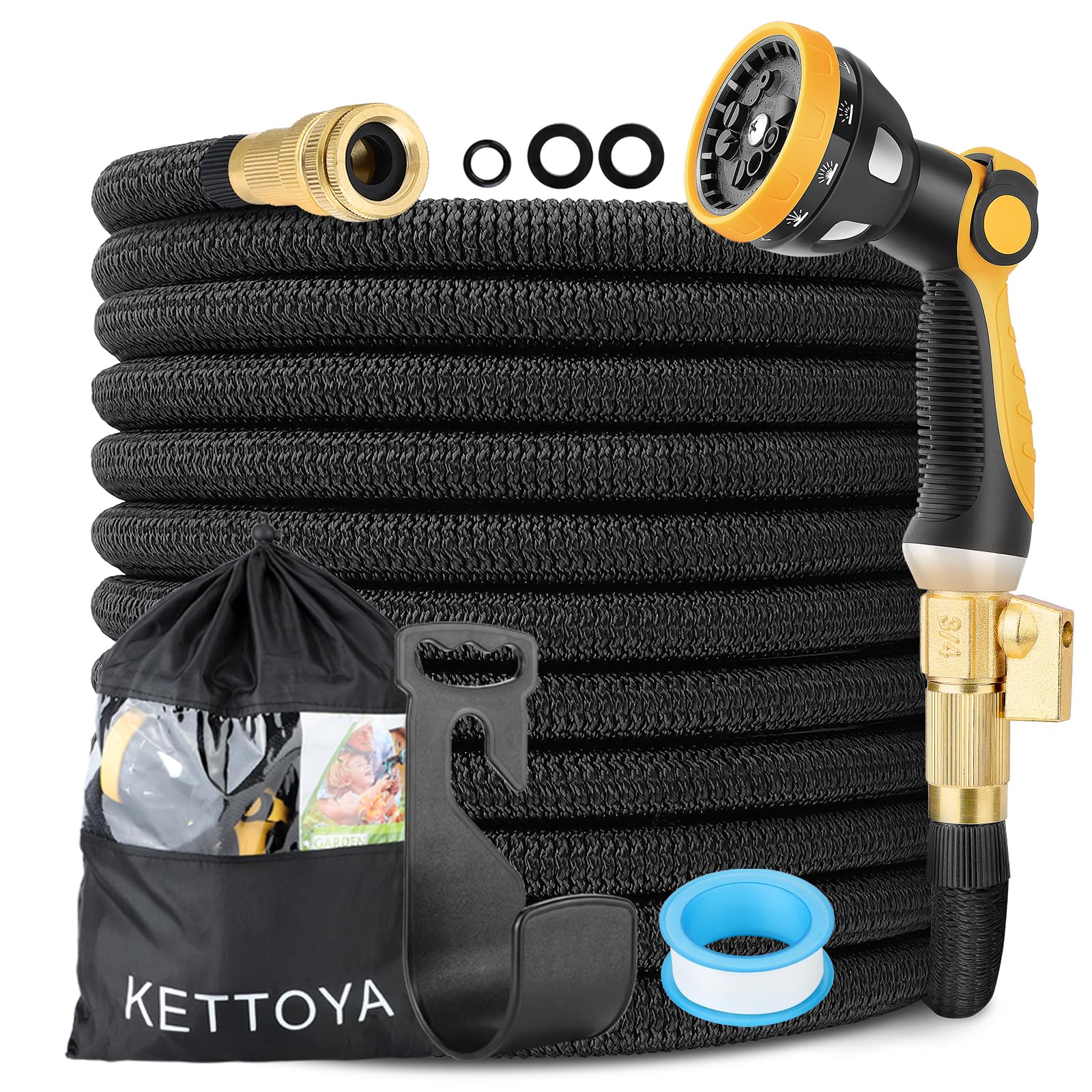 KETTOYA 150FT Expandable Garden Hose, Flexible Hose Pipe with Pro 10-Pattern Nozzle, Leak-Proof Heavy-Duty Water Hose, 4-Layer Latex Core, Durable 3750D Plus, Male Thread Valve Connector, Kink-Free
