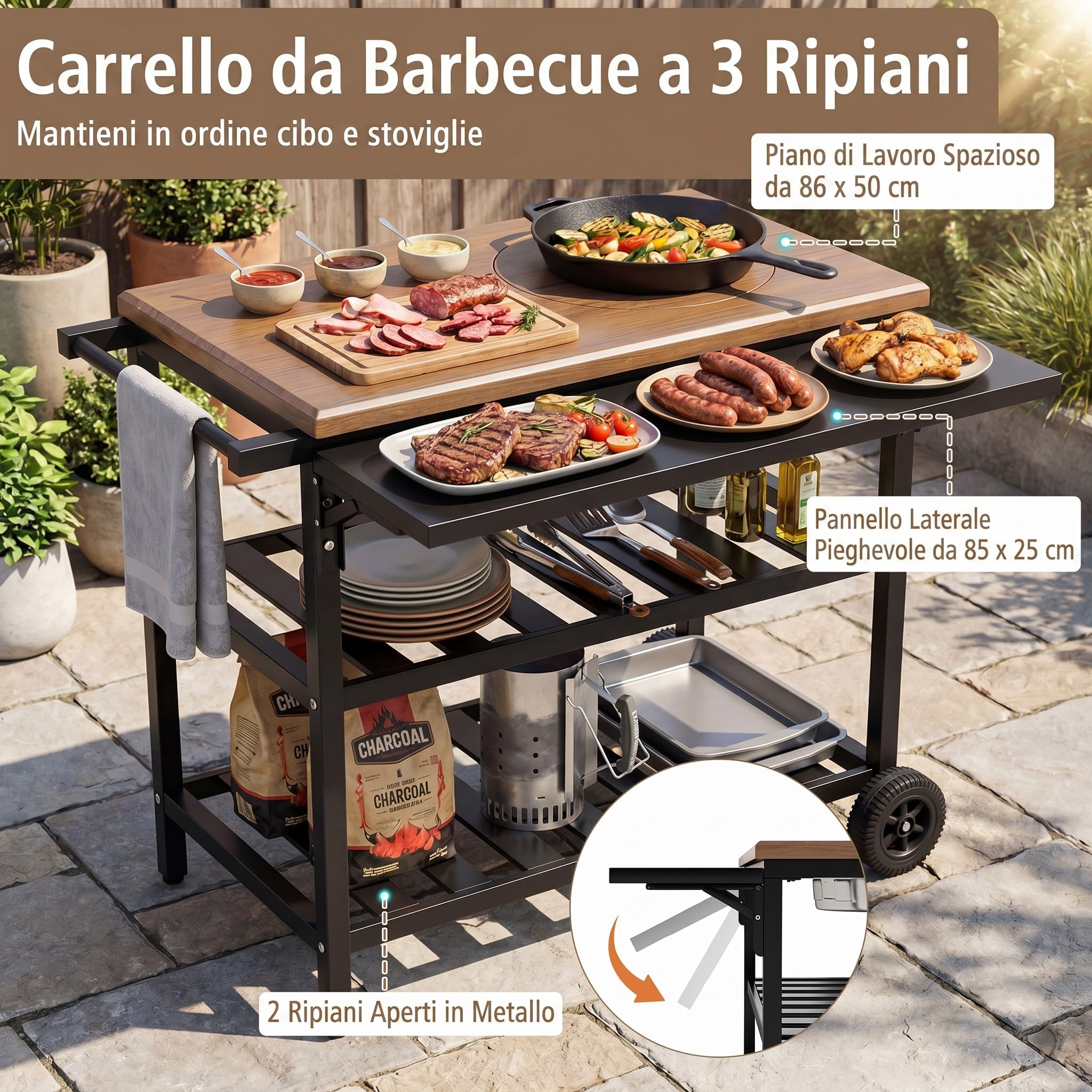 COSTWAY Carrello per Barbecue, Mobile Servizio da Esterno con Forno Smontabile, Griglie e Teglie in Metallo, Tavolino Pieghevole, Carrellino con Ruote per Picnic e Feste, 94,5 x 75 x 78,5 cm