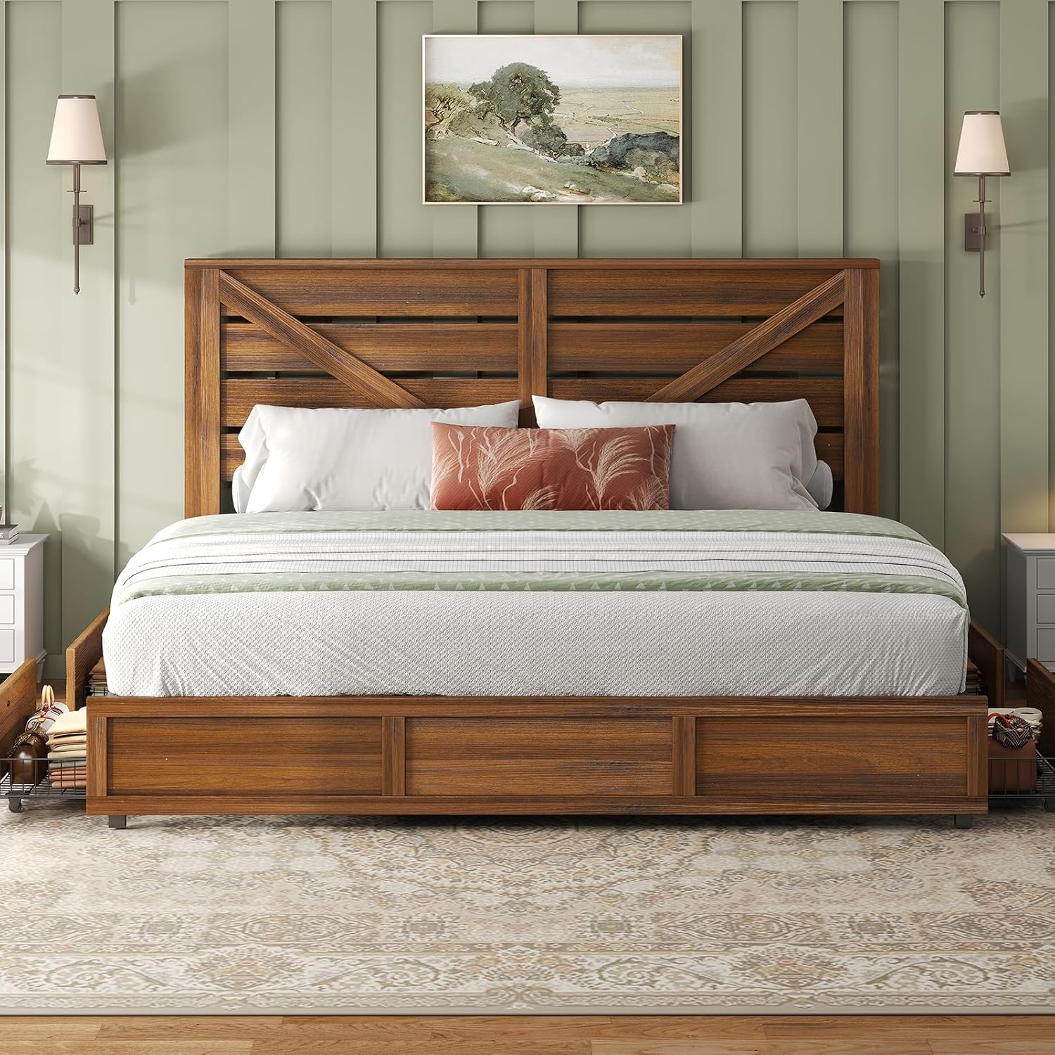 LUXOAK 48.8" H King Size Bed Frame with 4 Storage Drawers, Farmhouse Platform Bed with Barn Door Headboard, Rustic Wood Grain, No Box Spring Needed, Reddish Brown
