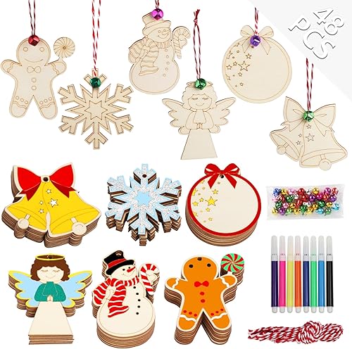 OurWarm 48 adornos de Navidad de madera, 6 estilos de adornos de rebanadas de madera sin terminar, juego de adornos de Navidad con campanas,