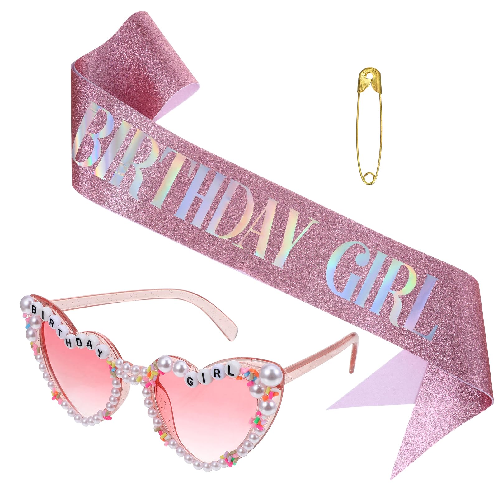 Grevosea Birthday Girl Sash and Glasses Set, Pink Party Accessories for Women and Girls Glitter Sashs Tiara Fun Glasses for Women Girls Pink Birthday Decorations