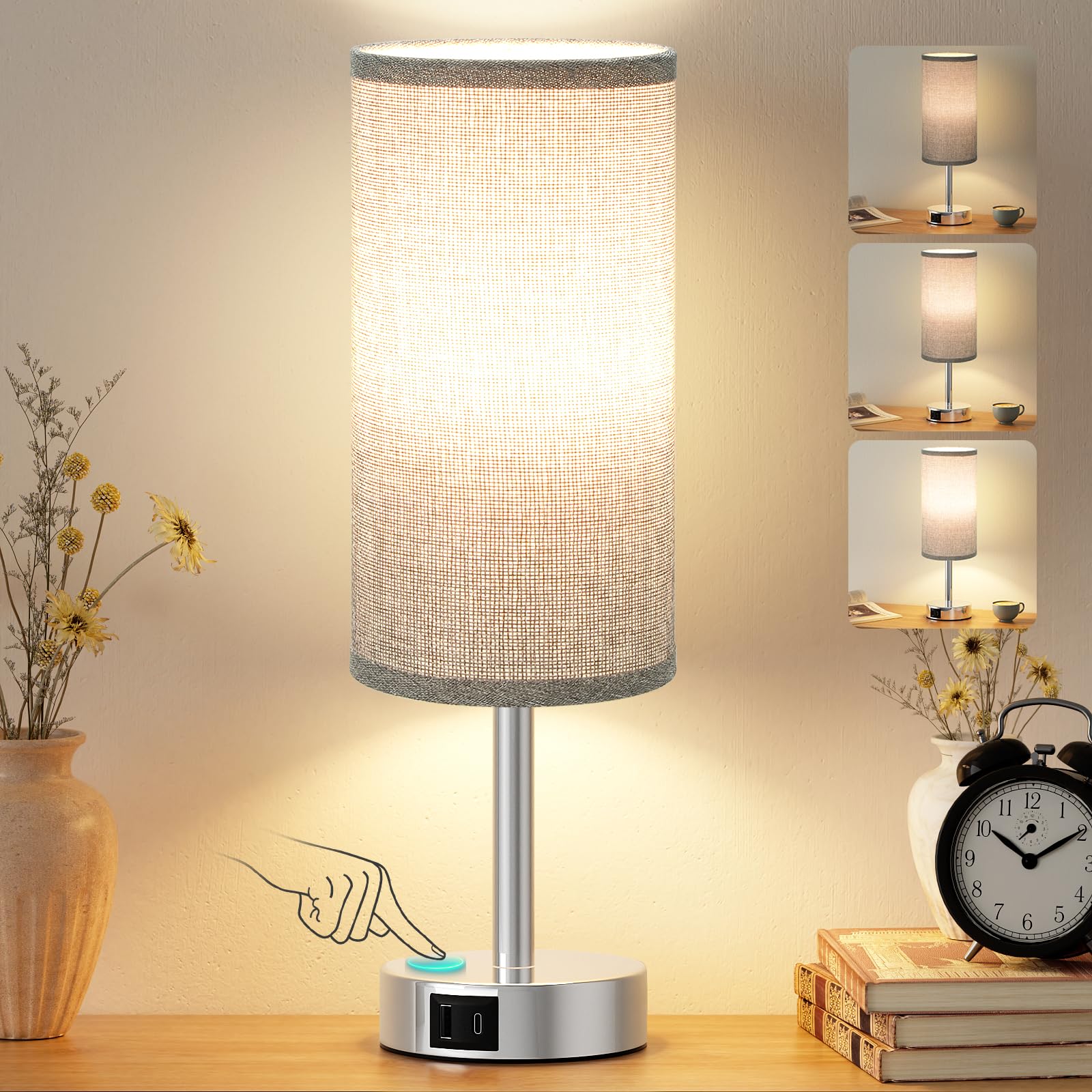 PreeOtti Grey Bedside Lamp, Touch Lamp with 3-Way Dimmable Touch Control, Silver Base(Bulb Included)