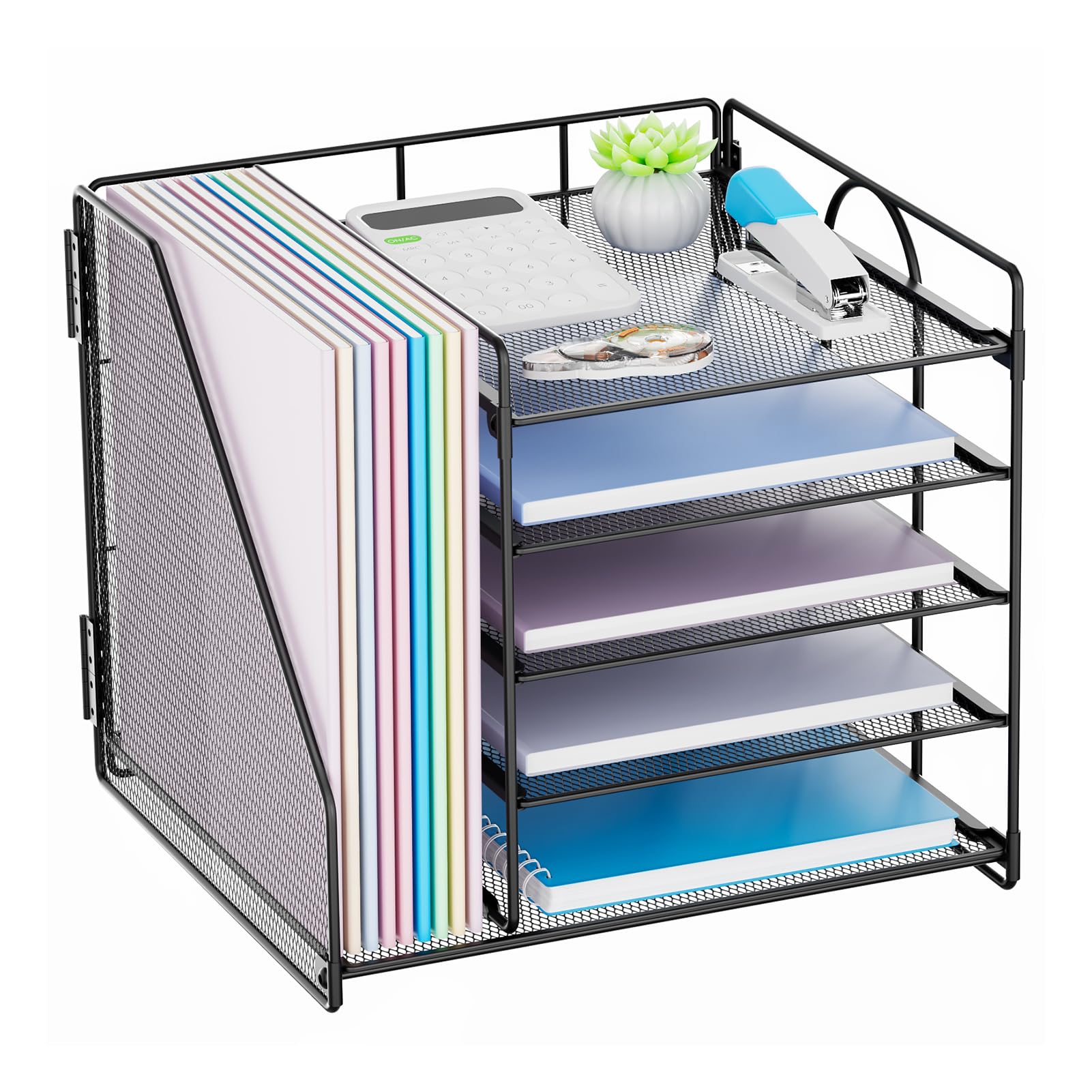 HMXLJJY Mesh bureauorganizer met verticale bestandshouder, 5-laags papieren brievenbak met lade en 2 pennenhouder, bureauorganizer met tijdschriftenhouder voor kantoorbenodigdheden thuis of op school