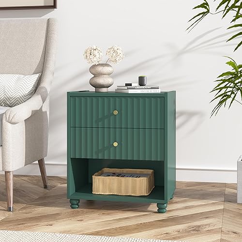 Miniatura 6 de Juego de 2 mesitas de noche modernas, mesa auxiliar acanalada con estante abierto, mesita de noche con 2 cajones para dormitorio (verde)