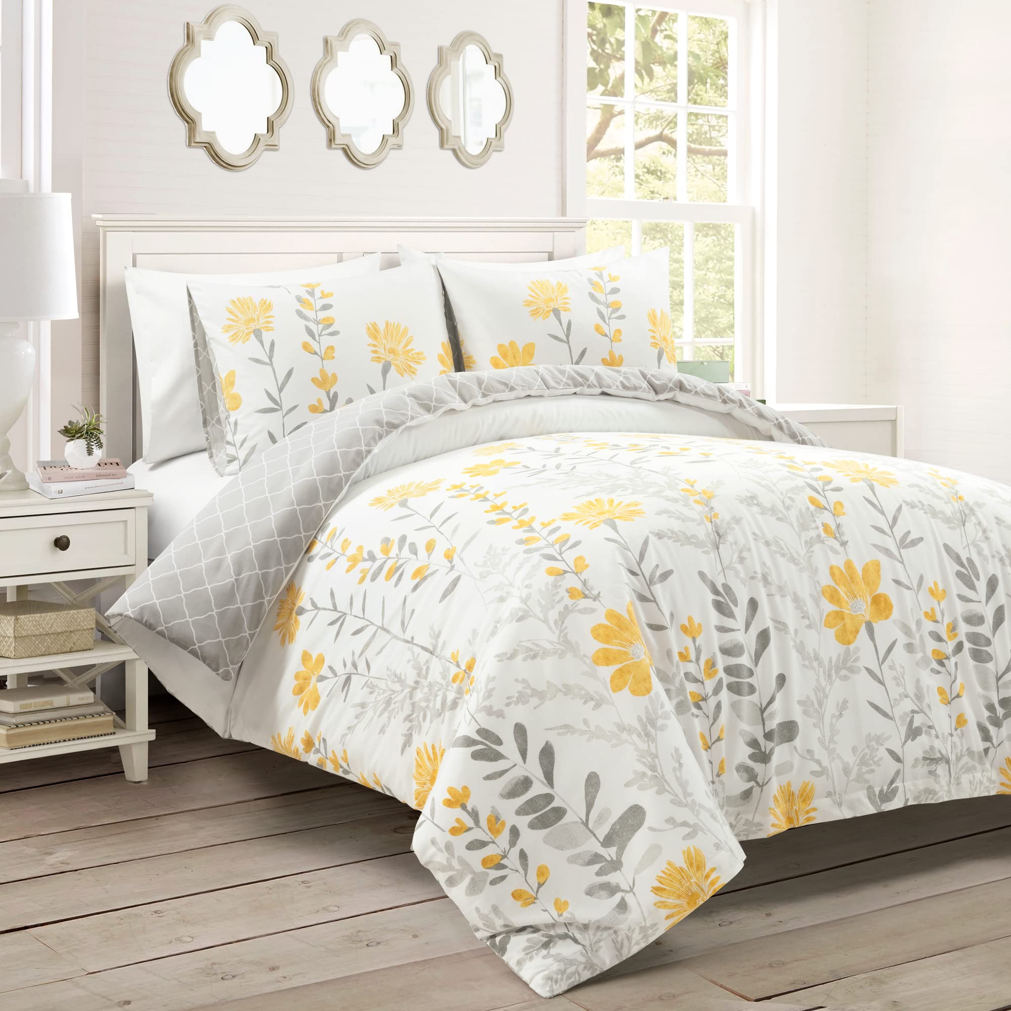 Lush Decor Aprile Reversible Soft Cotton Duvet Cover, 3 Piece Set, Full/Queen, Yellow & Gray - Spring Bedding Set - Yellow Flower & Leaf Print - Floral Duvet Cover - Cottage & Farmhouse Bedroom Decor