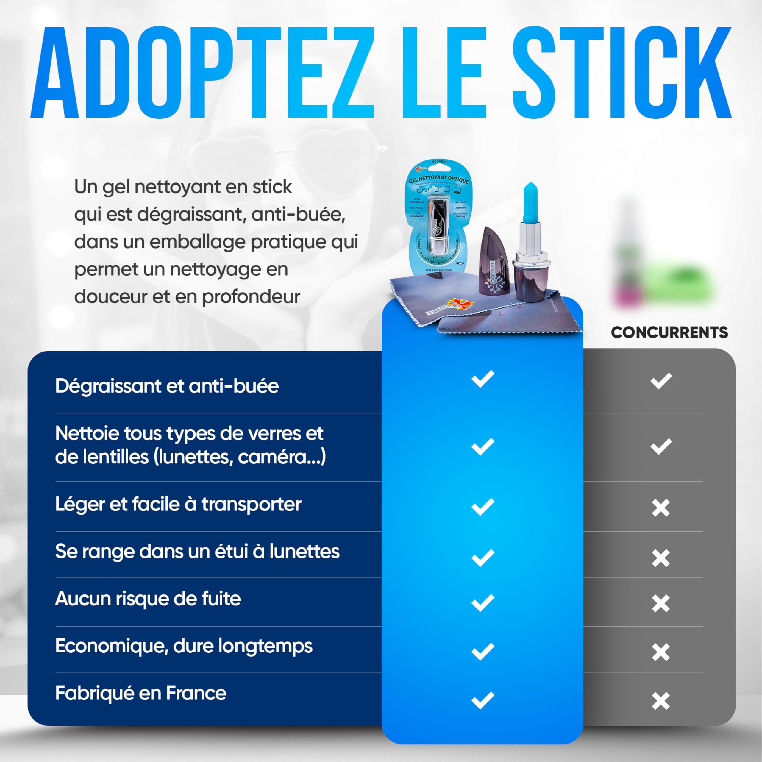 OCCINET Stick Gel Nettoyant Lunettes & Lentilles – Anti-Buée, Ultra Dégraissant – Fabriqué En France – Compact Et Durable
