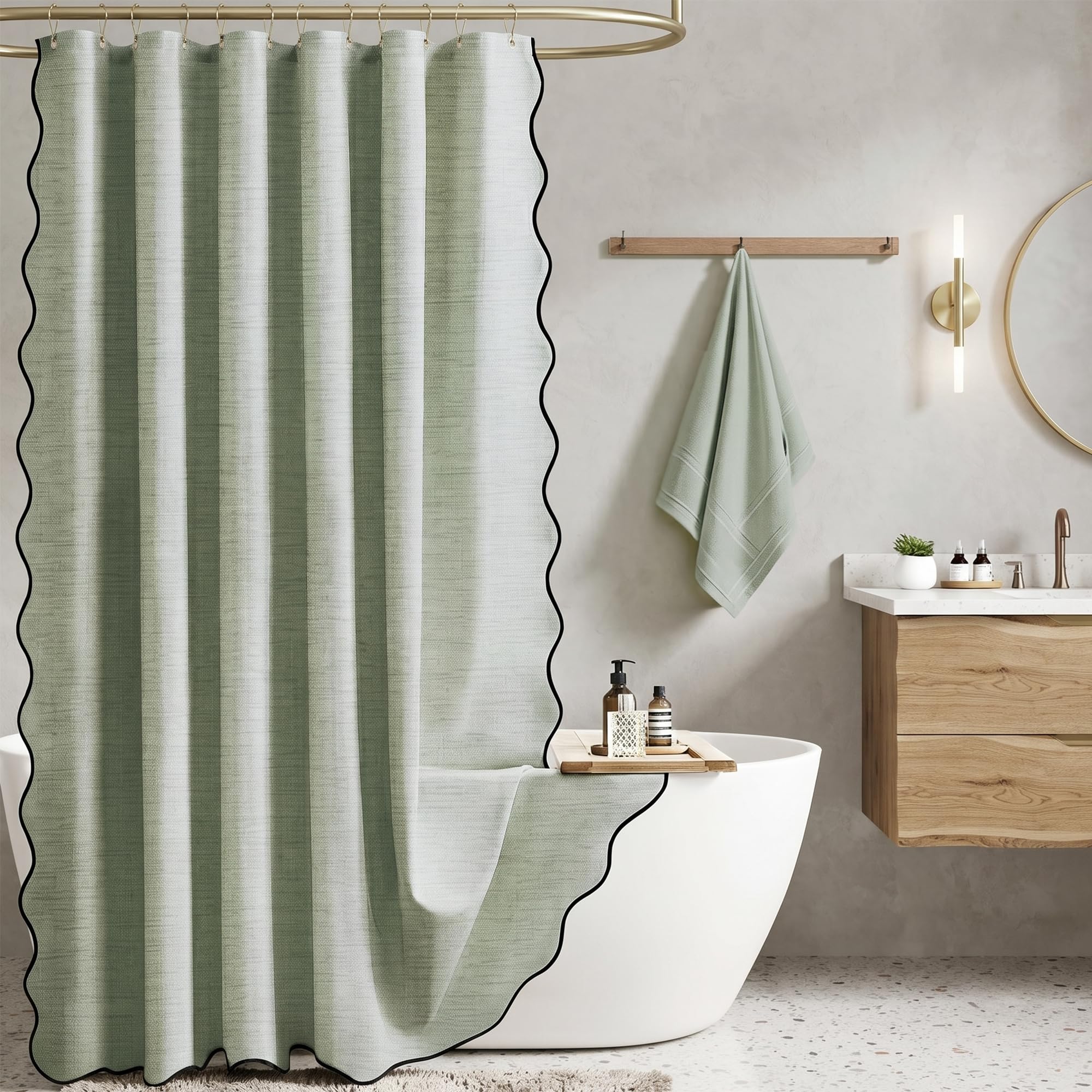Bingobang Shower Curtain Scalloped Linen Waterproof Anti Mould, Sage Green