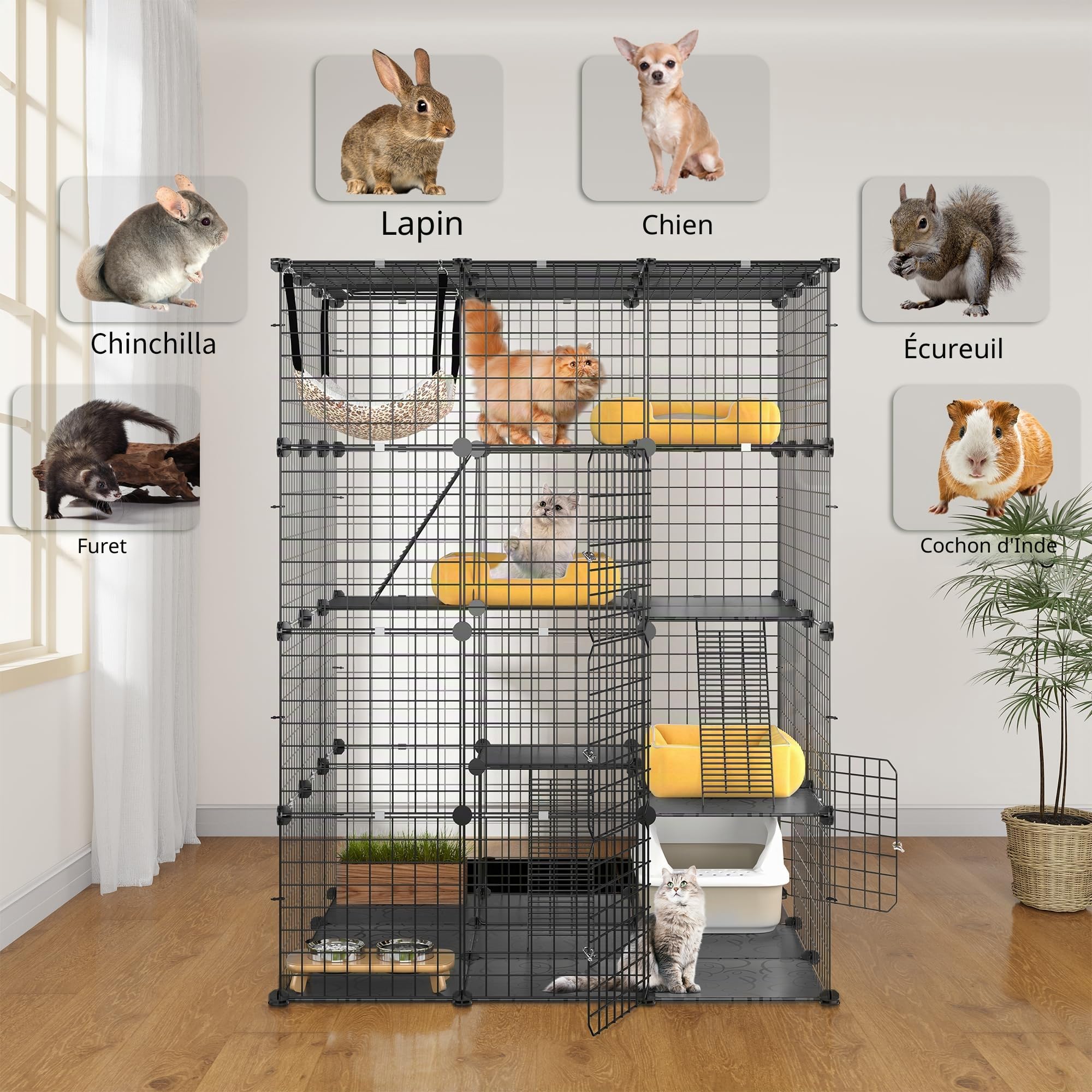 YITAHOME Grande Cage pour Chat à 4 Niveaux, Enclos pour Chats avec Hamac Amovible, Chenils Intérieur/Extérieur, Métal Amovible, Clôture pour Petits Animaux pour 1 à 4 Chats, 105 x 105 x 140 cm