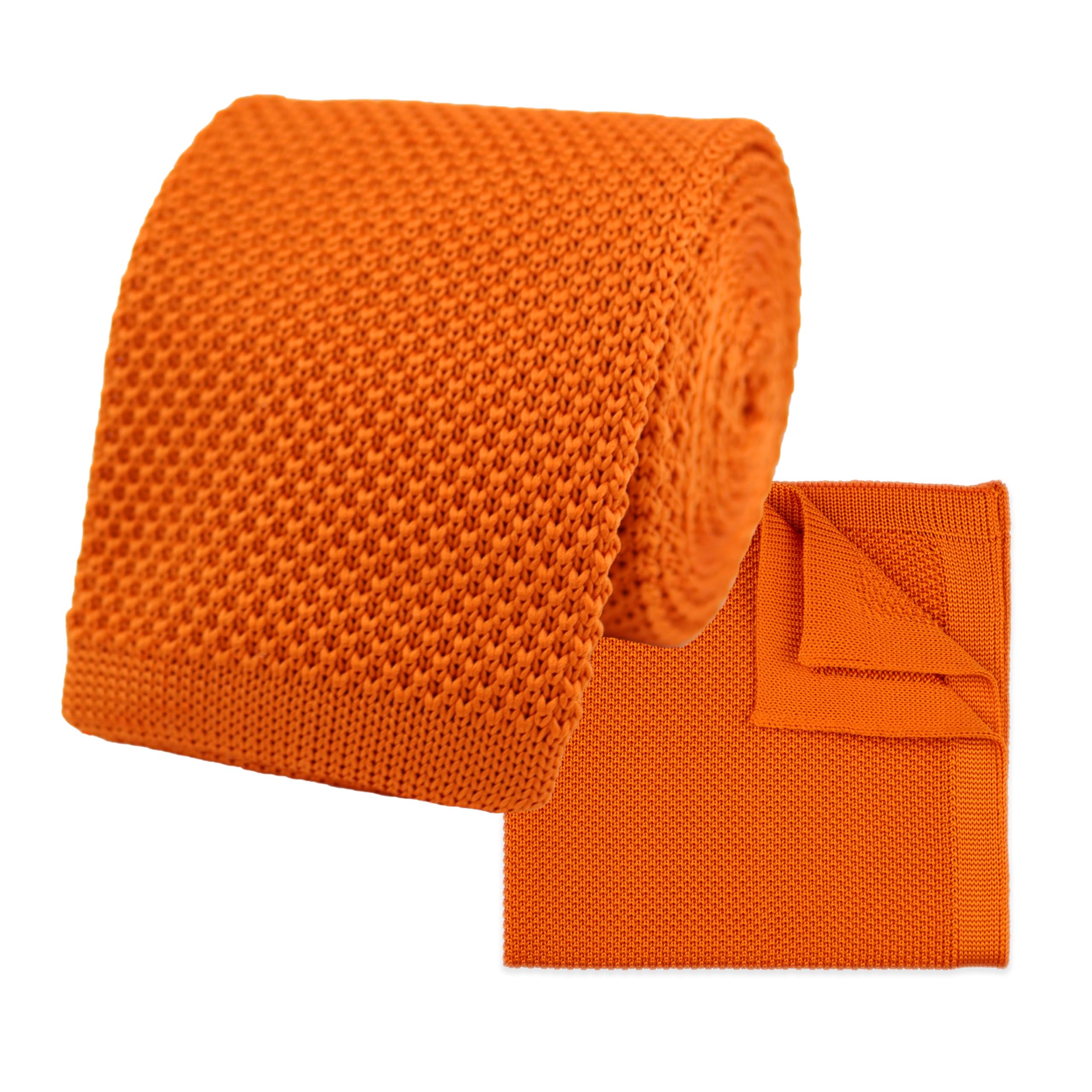 THE GENTS LAB 100% Polyester Square End Knitted Tie & Pocket Square Sets - Many Colours (Orange)