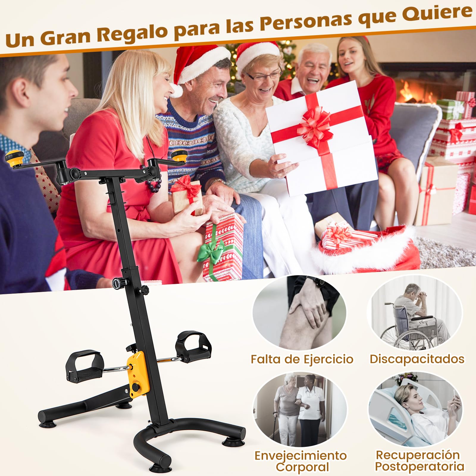 GYMAX 2 en 1 Pedales Estaticos Plegable, Pedales Estaticos Personas Mayores de Brazos y Piernas con Correas para Pedales y Tapete Antideslizante, Resistencia y Altura Ajustable, Todas las Edades