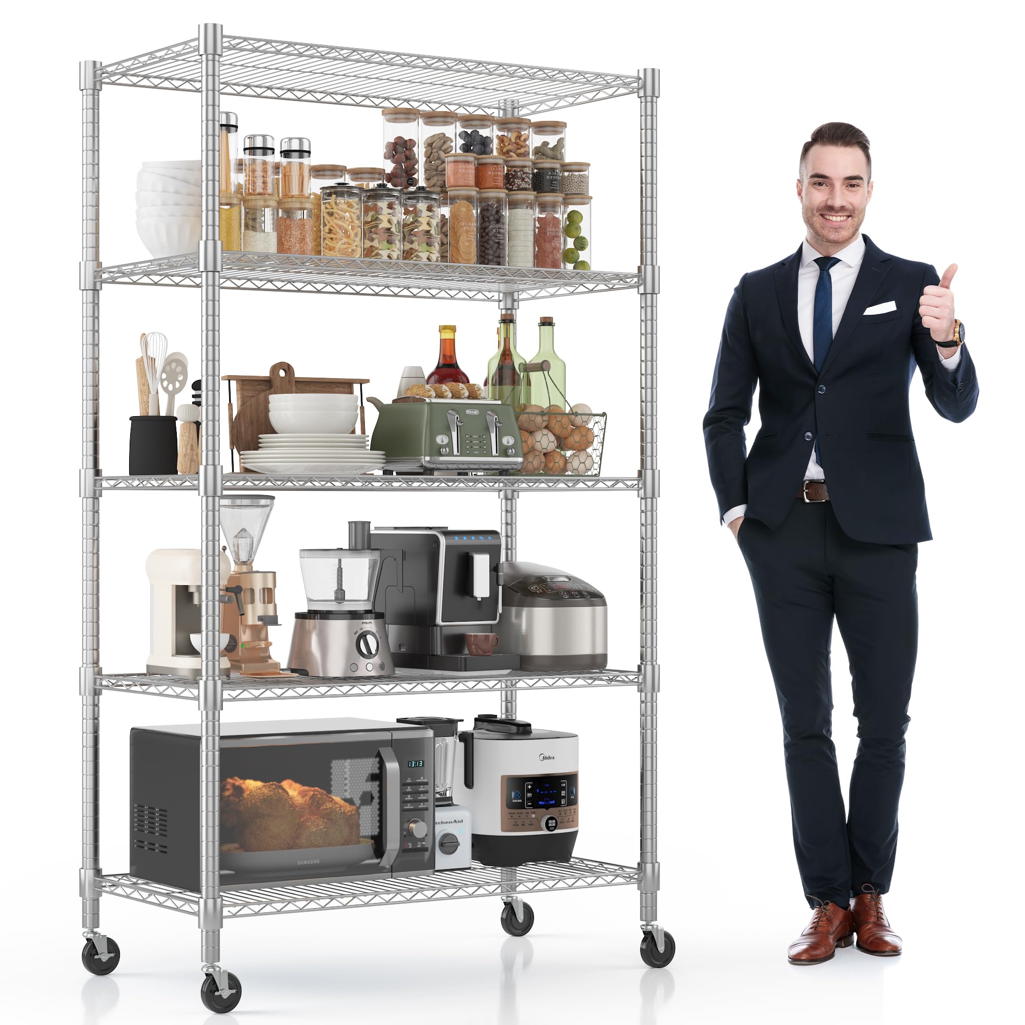 Himimi 5 Tier Heavy Duty Chrome Metal Shelving Unit on Wheels, 90Wx45Dx208H cm, Adjustable Large Tall Wire Shelving Unit, Free Standing Storage Racking Shelves for Kitchen Pantry Garage Shed, Silver