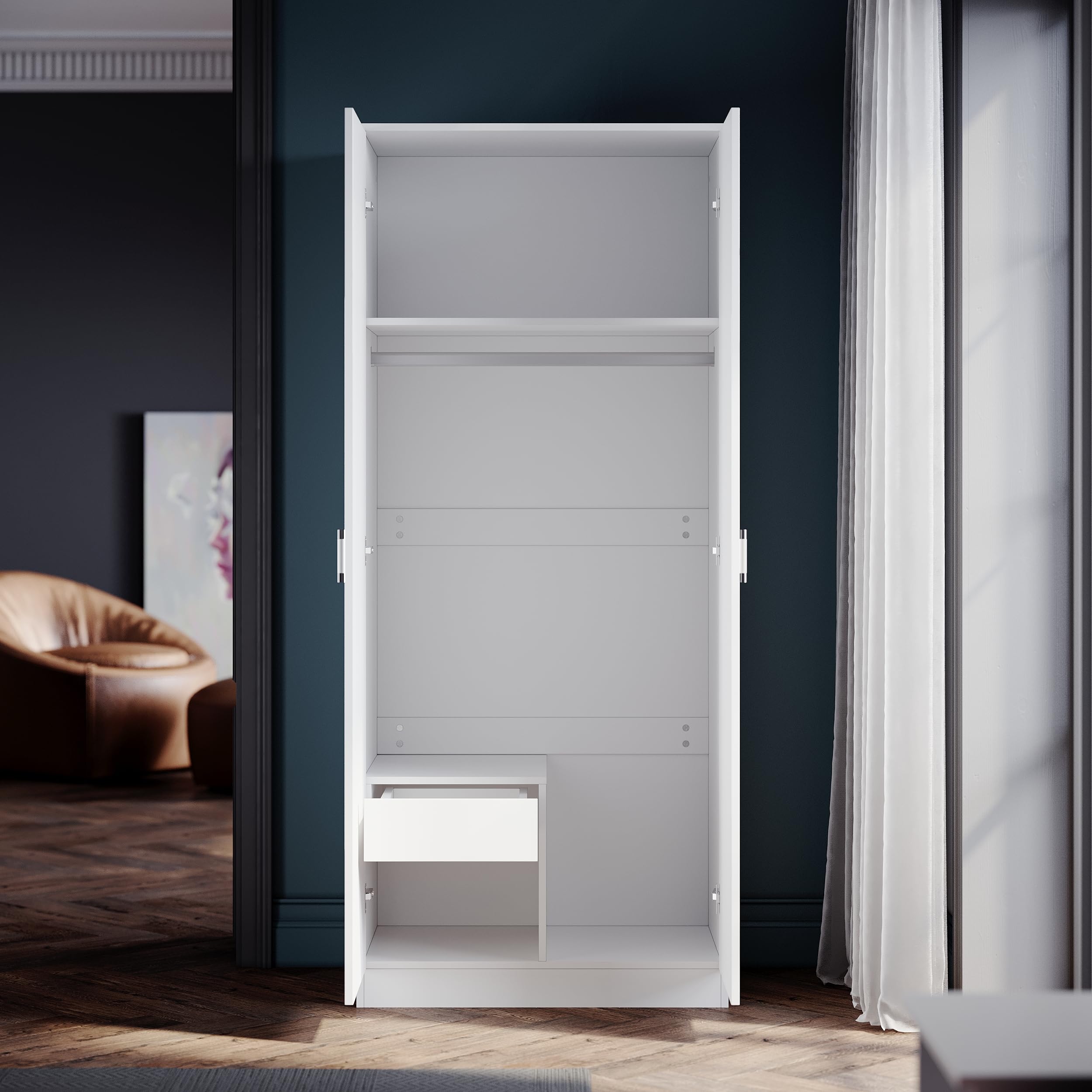 SONNI Armadio Camera da Letto a due ante, Armadio con specchio, Armadio Salvaspazio Bianco Multifunzionale ad Ante Battenti, Adatto per Camera da Letto, Guardaroba, Lavanderia, 76x47x180cm