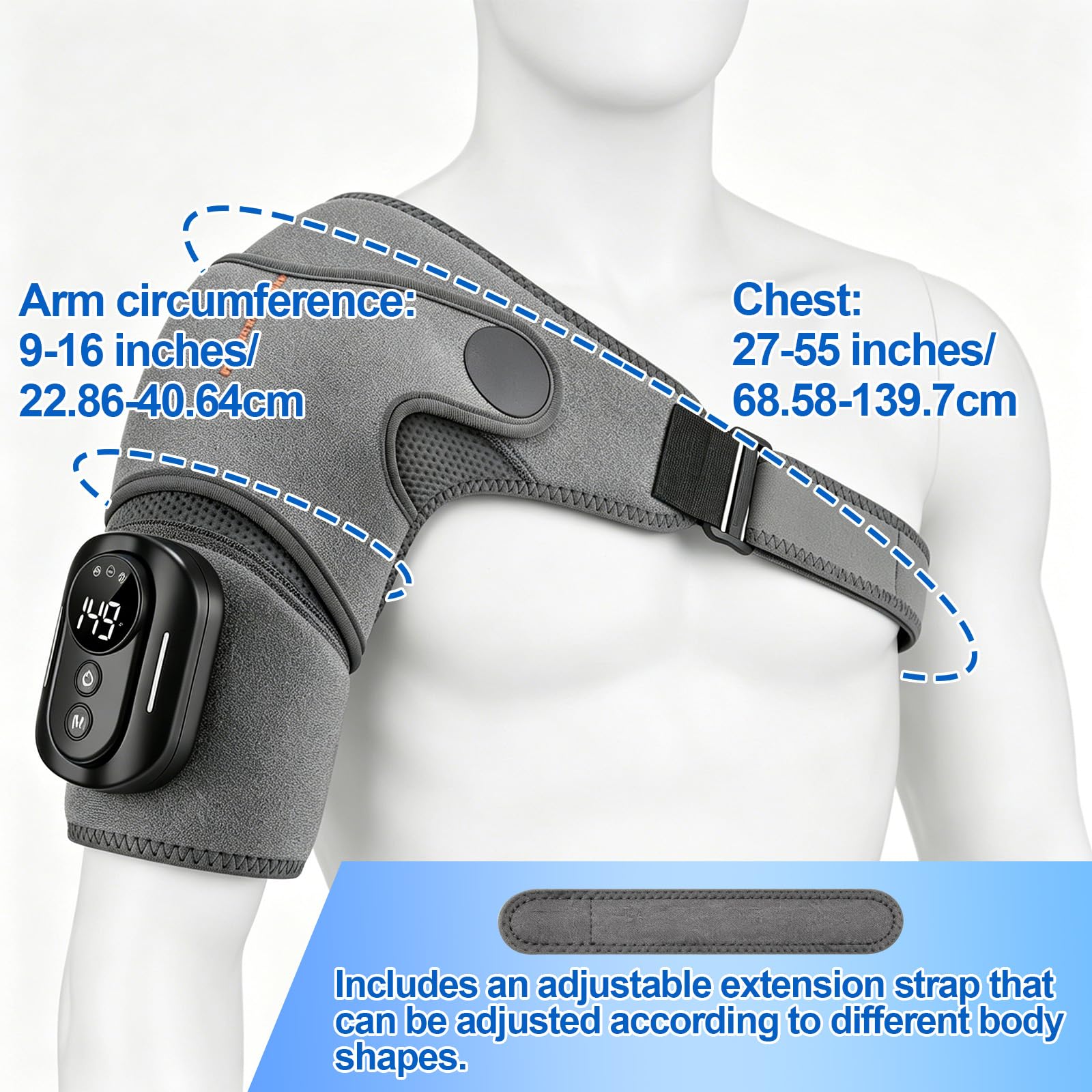 Masseur d'épaule, bandage d'épaule avec 5 niveaux de chaleur et 5 modes de vibration, appareil de massage d'épaule portable avec batterie 5000 mAh, avec télécommande, bandoulière réglable pour gauche