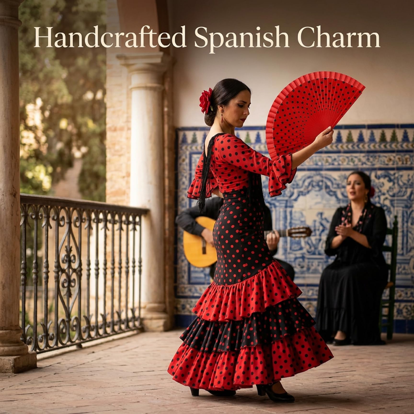 Abanico español pintado a mano lunares rojos algodón mango madera plegable flamenco