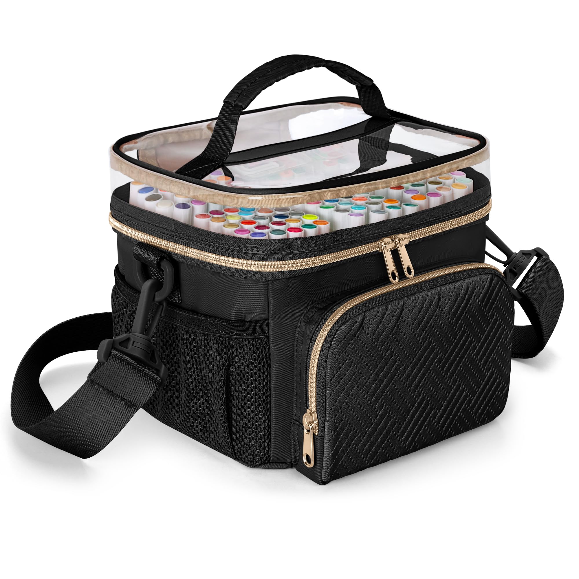 Rexmica Reisetragetasche Für 100 Farben Marker Stifte, Marker Aufbewahrungstasche mit Trennwand und Schultergurt, Reisetragetasche mit 3 Taschen, Schwarz (Leerer Beutel)