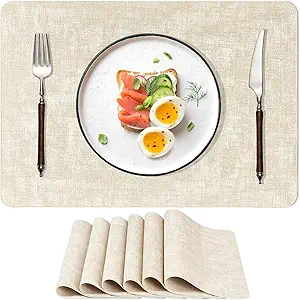 Faux Leather Placemats Set of 6, Heat Resistant Wipeable Washable PVC Place Mats, Reversible Waterproof Oil Proof Table Mats for Kitchen Dining Party Indoor Outdoor, 12" x 17", Beige