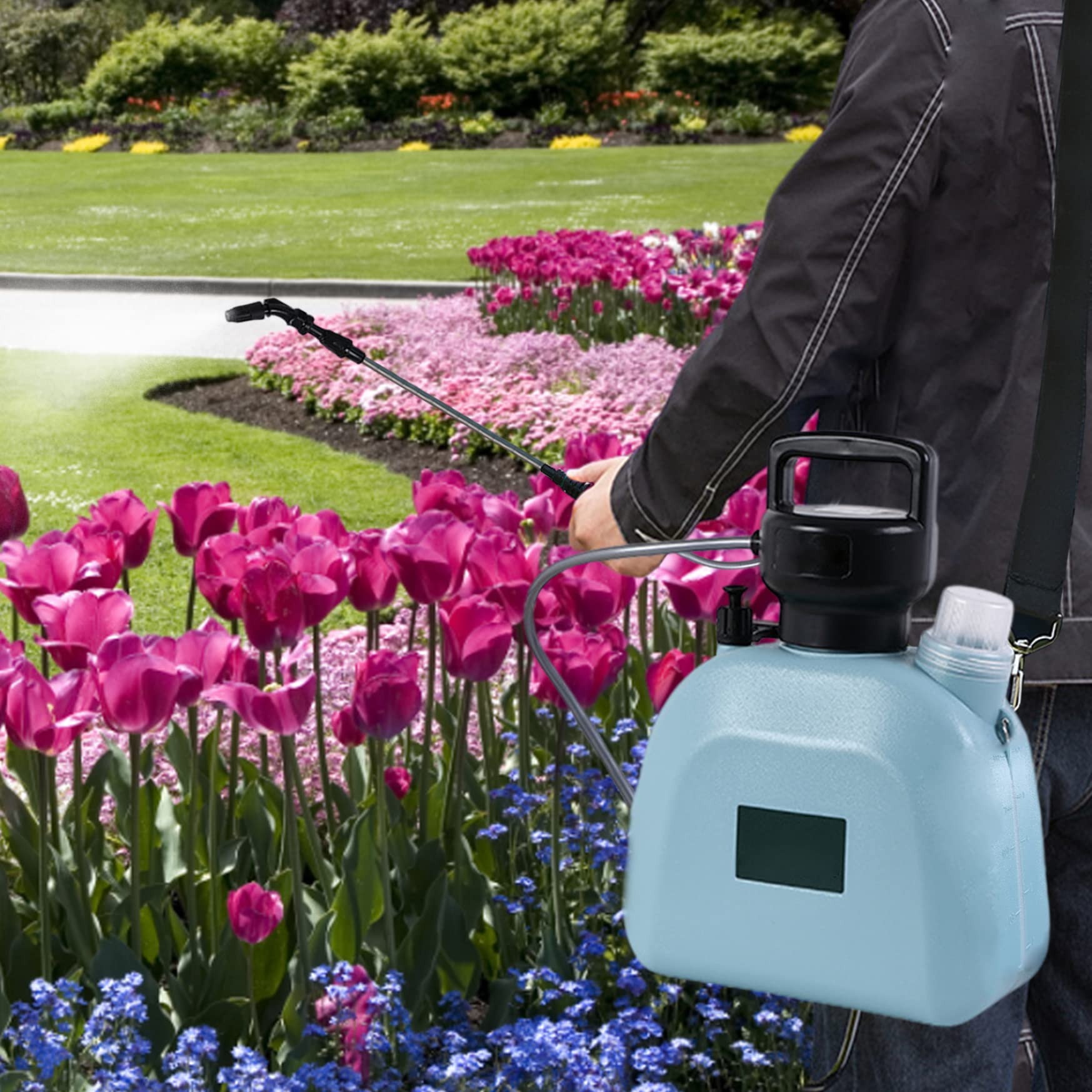 Spruzzatore elettrico Spruzzatore per irrigazione da giardino di capacità da 5 litri Annaffiatoio a pressione ricaricabile USB 7, 4 V con maniglia Blu