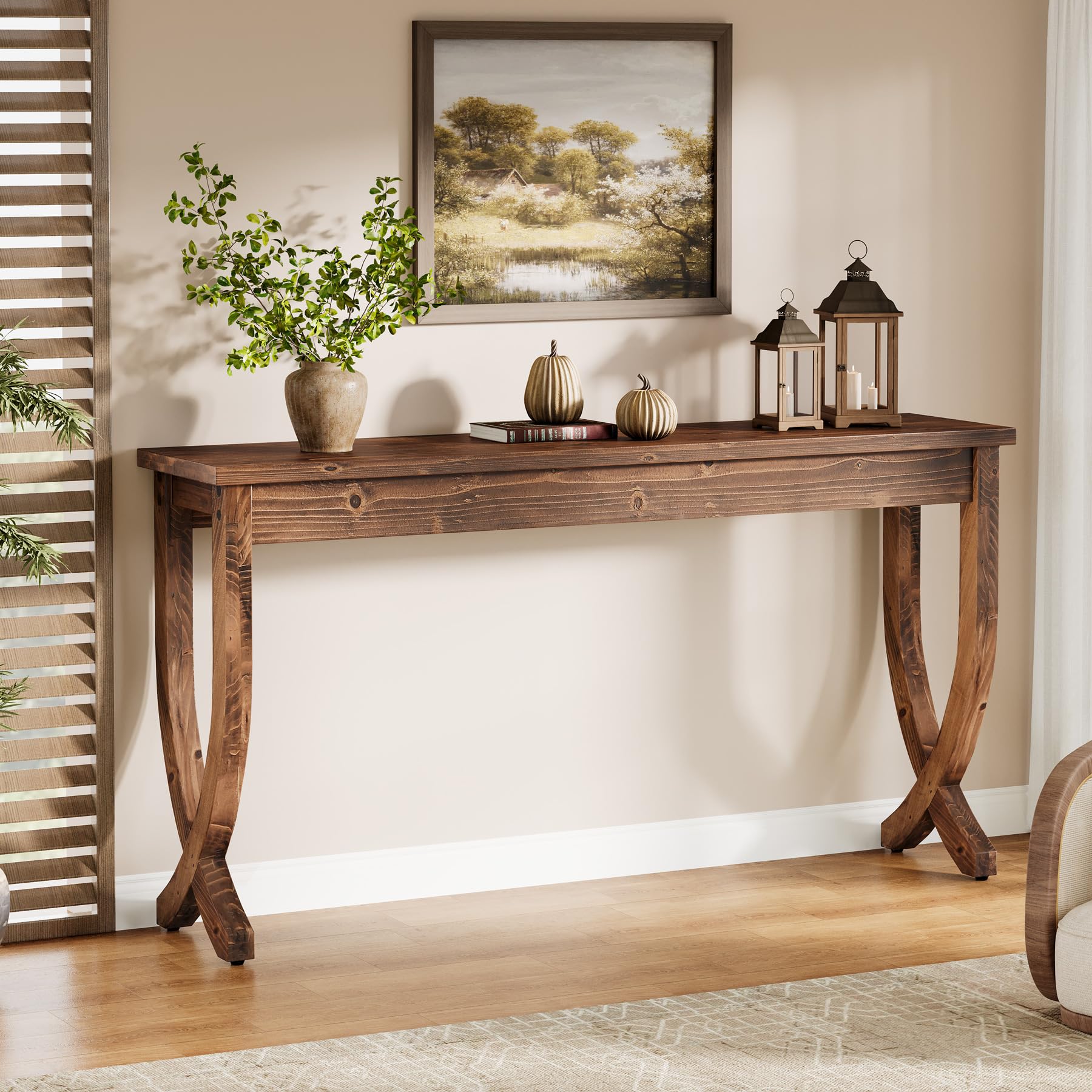 Console en Bois Massif 160 cm, Table d'entrée de Style Ferme, Table de canapé Longue pour Salon, Couloir, entrée, Foyer, Marron