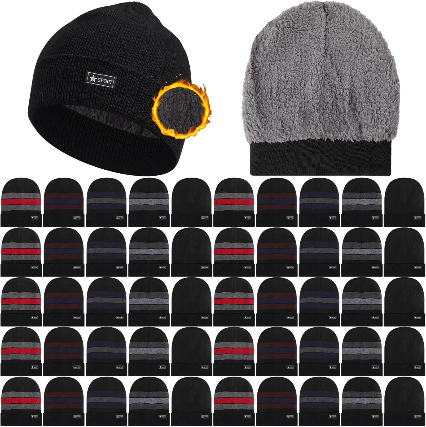 Kigeli 50 Pcs Bulk Winter Beanie for Homeless Donation Unisex Warm Knitted Beanie Hats with Fleece Lining Skull Cap for Women Men Homeless Pure Black - Image 8