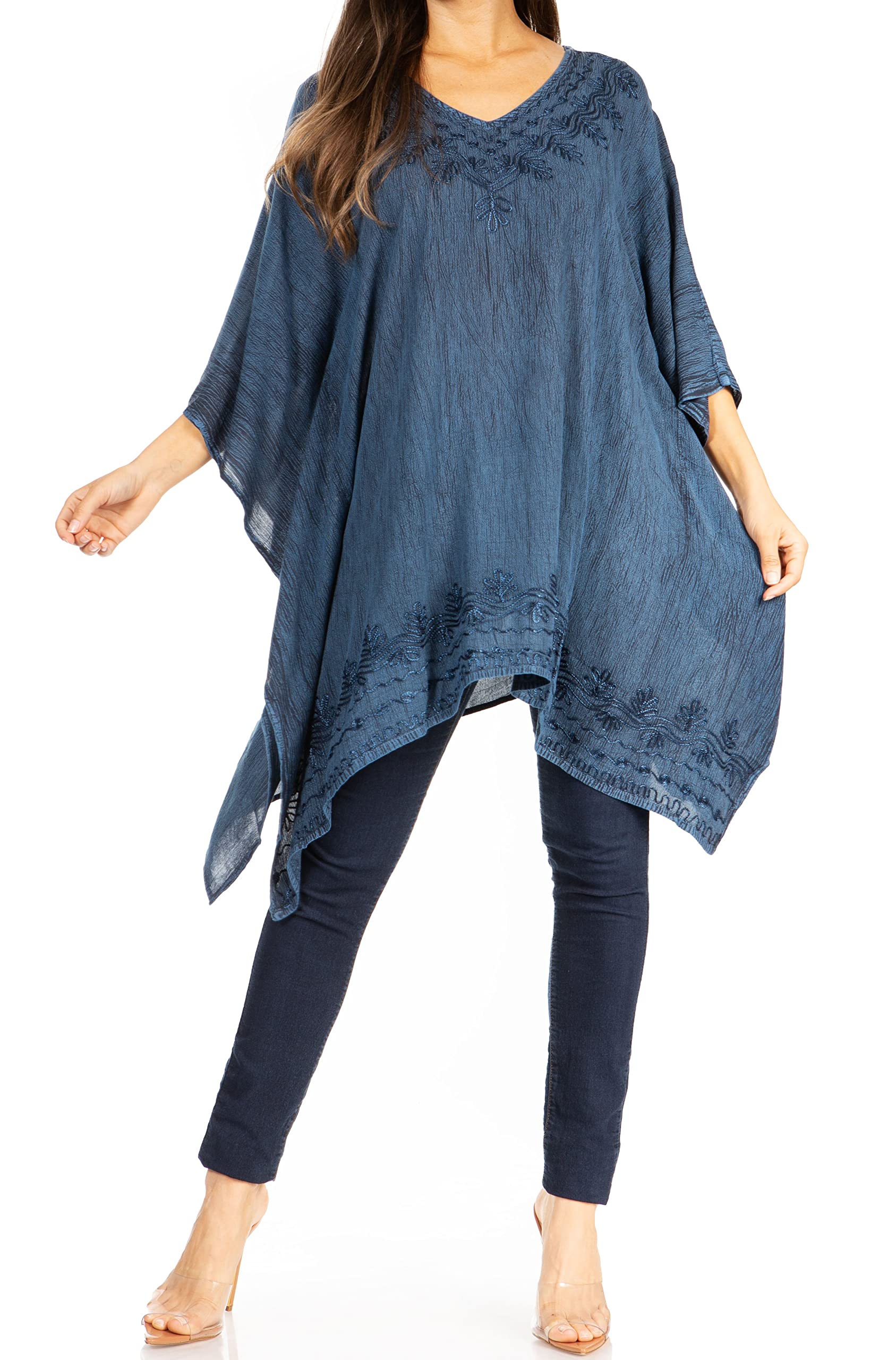 Sakkas K2022S - Wren Lightweight Circle Poncho Top Blouse with Detailed Embroidery - A-Midnight Blue - OS