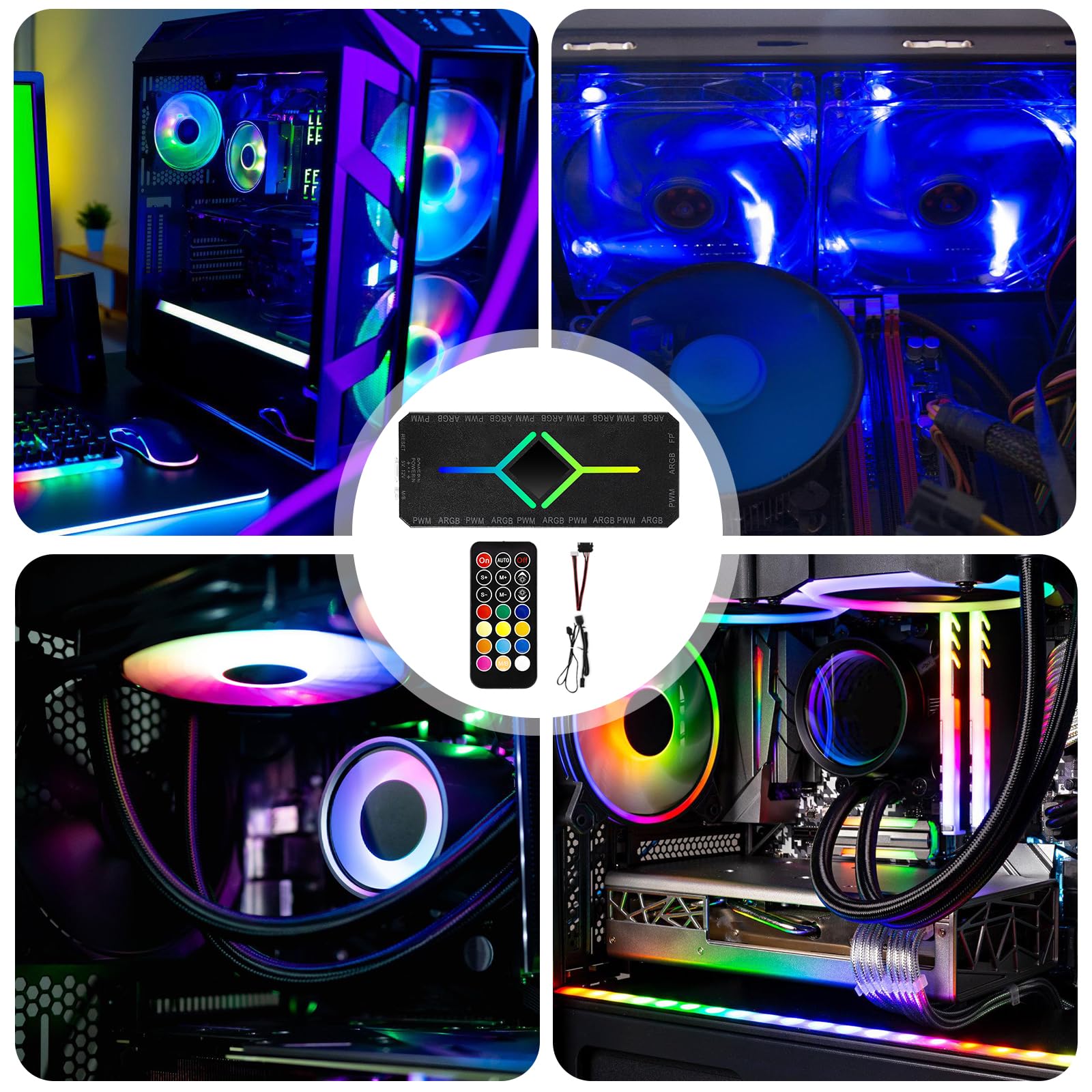 Hub de Ventilateur ARGB PWM 2 en 1 avec Contrôleur, 10 Connecteurs de Ventilateur PWM 4 Broches et 12 Ports 3 Broches 5V, Boîtier RGB avec Base Magnétique et Port SATA Power 20