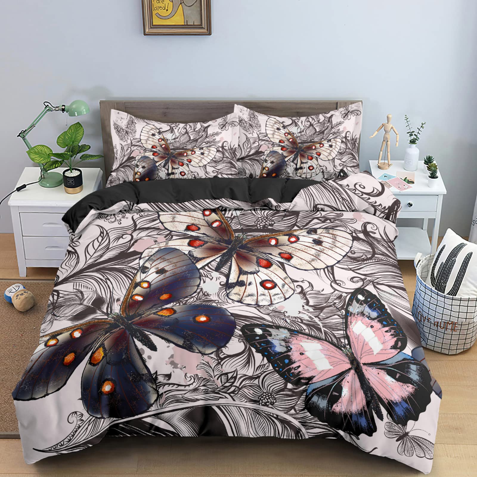 Housse de couette 240x260 papillon gris en microfibre 110g/m² avec 2 taies