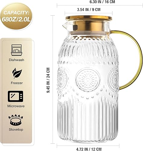 Miniatura 2 de Amzcku Jarra de vidrio con tapa, jarra de agua vintage de 68 onzas2 litros, jarra de agua de vidrio para preparación fría, café, limonada, té