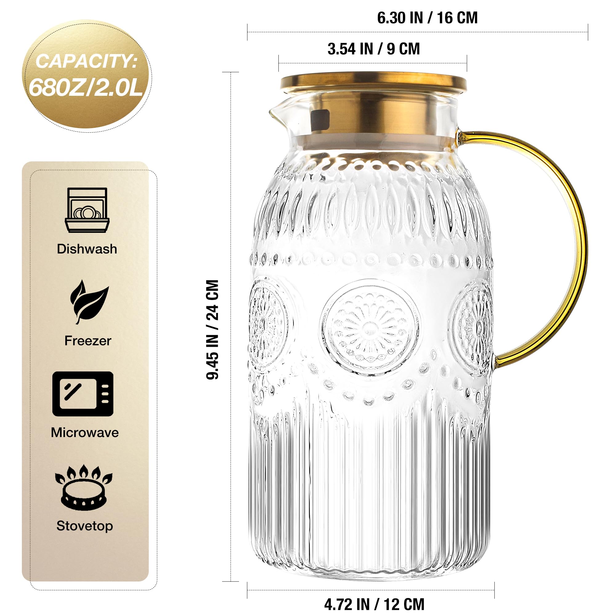 Amzcku Brocca in vetro con coperchio, brocca per acqua vintage da 2 litri, caraffa per acqua fredda, caffè, limonata, tè freddo, bevande, brocca in vetro resistente al calore, 1 confezione
