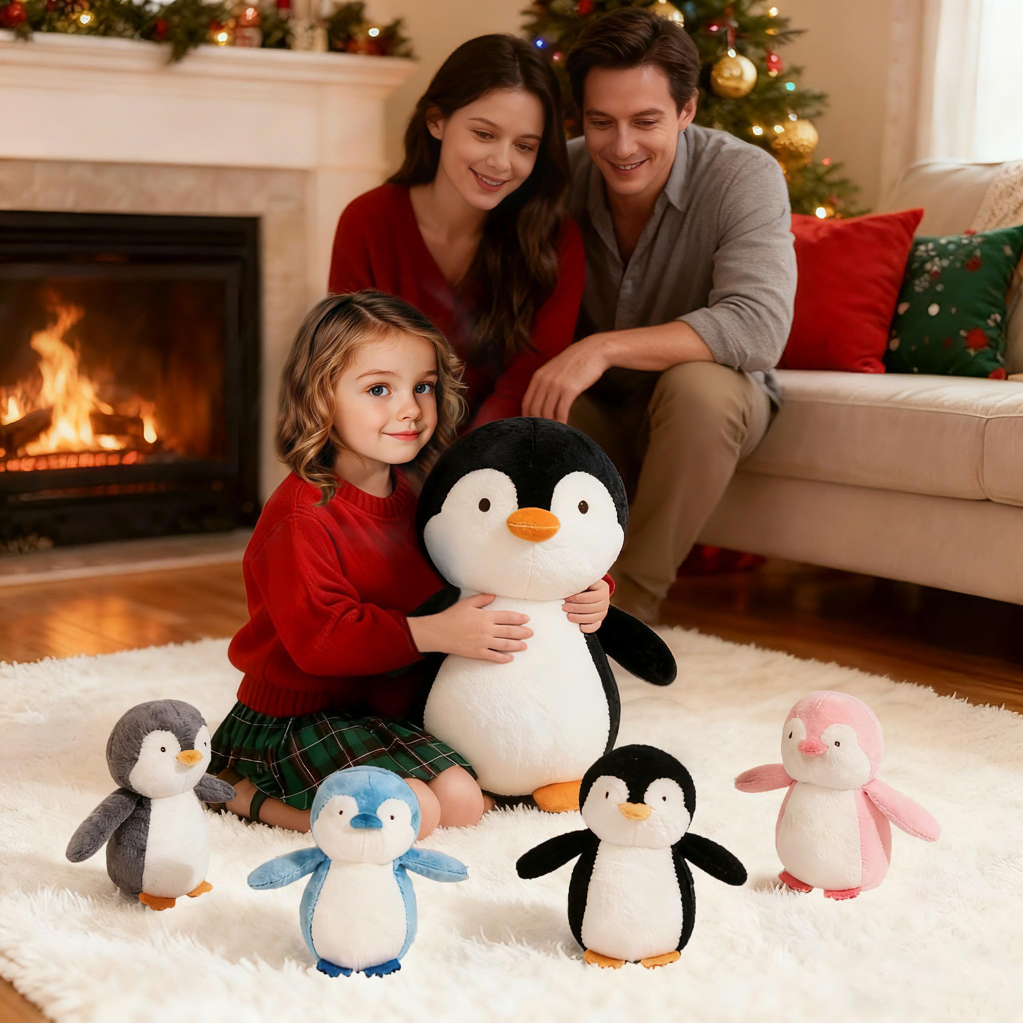 5 Pieces Penguin Stuffer Animals Set, Giant 16 Inch Mommy Penguin Plush Toy with 4 Cute Babies Plushies in Her Zippered Tummy, Gifts for Kids Girls Boys, Birthday, Christmas