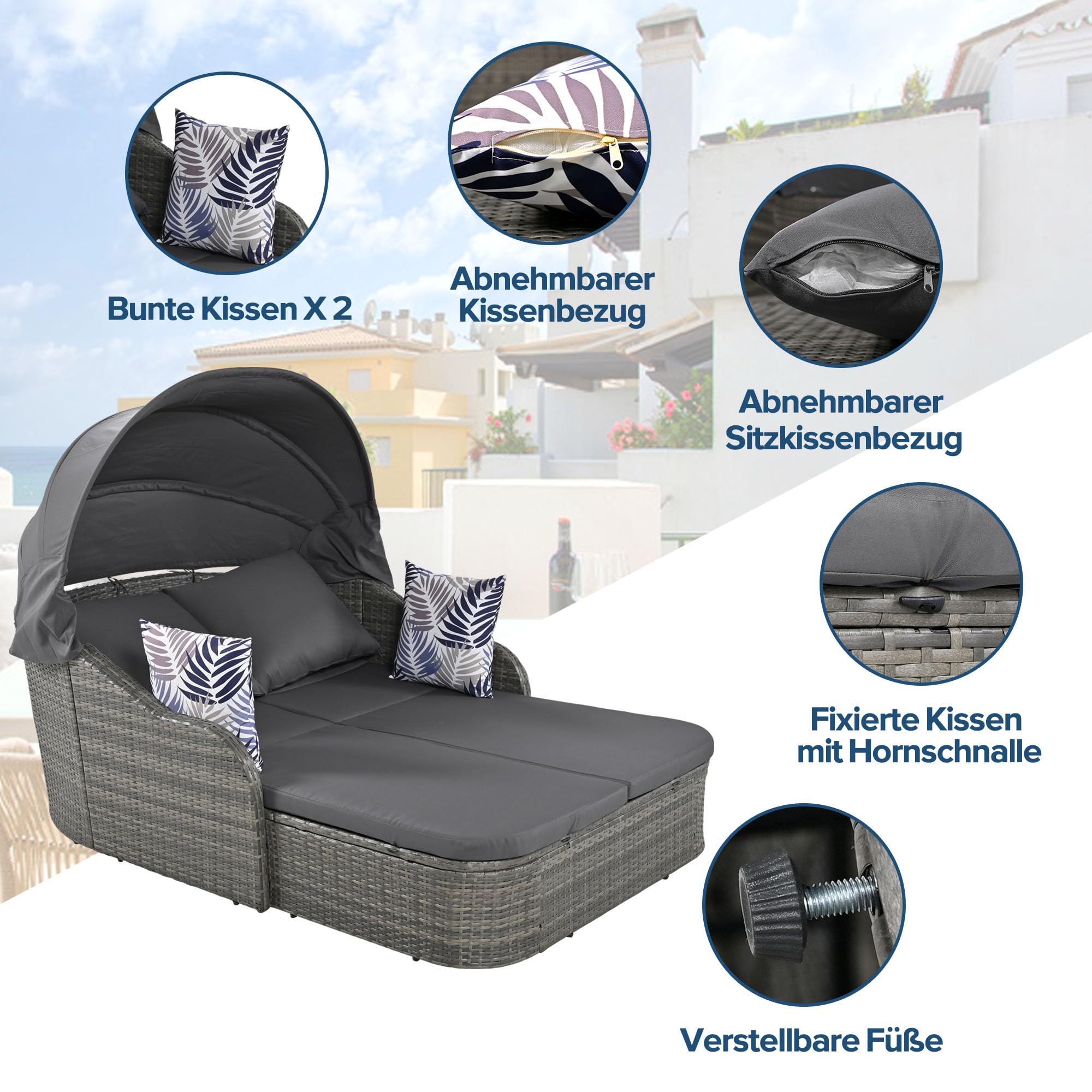 Lubvtti Juego de salón de jardín, sofá de exterior, ratán PE con techo ajustable, sofá cama de 2 plazas con 4 cojines y cojín desenfundable, muebles de jardín, doble salón, gris