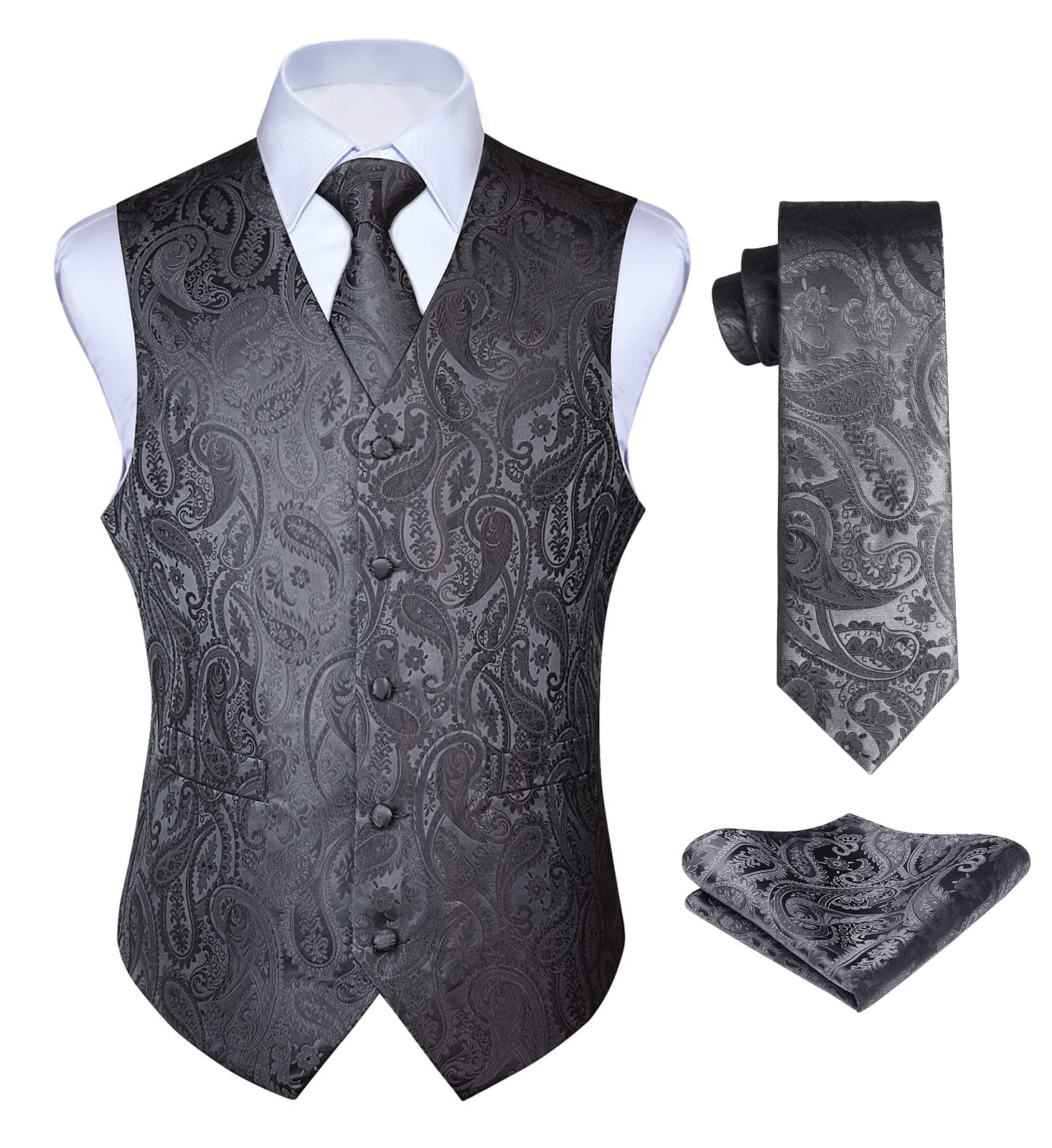 Enlision Men's Grey Waistcoats Paisley Waistcoat Tie Pocket Square Wedding Jacquard Suit Vest Set 4XL
