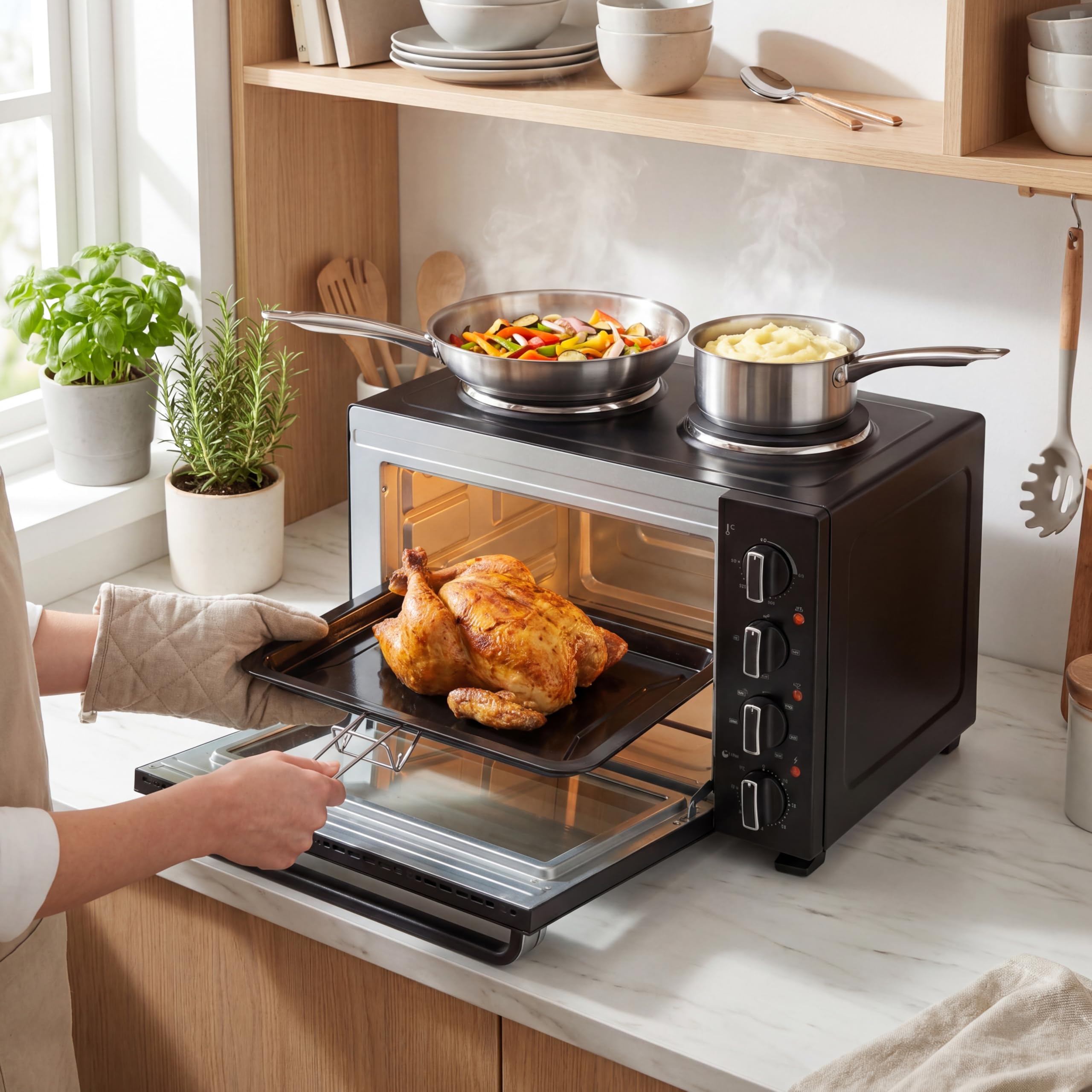 Tristar Forno a convezione con 2 piastre, capacità 35 L, 3200 W, struttura in acciaio, mini cucina compatta per pasti completi, OV-3670