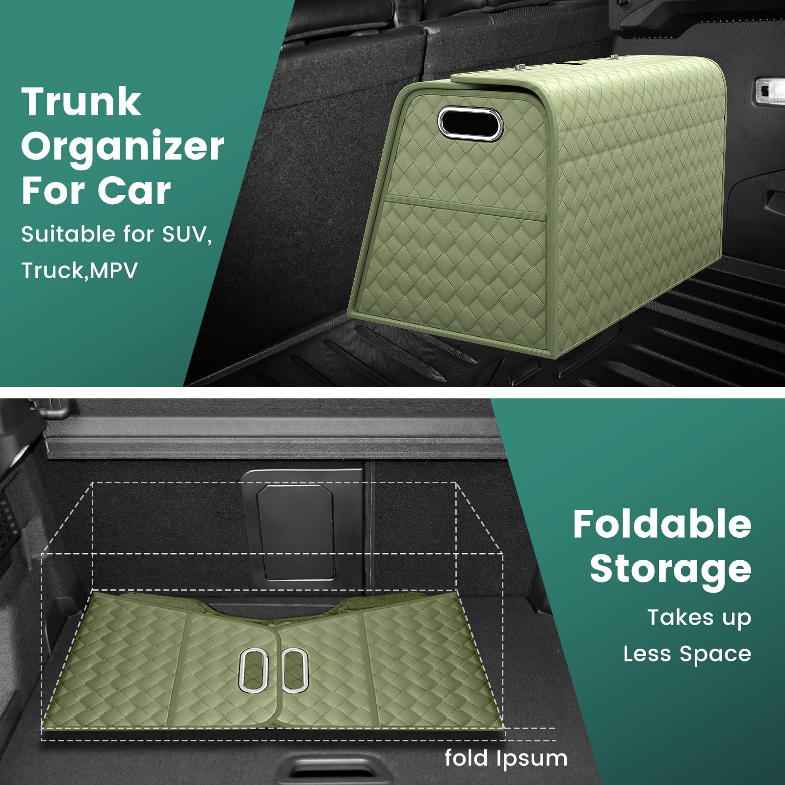 Faltbarer Kofferraum-Organizer für Auto, Leder-Auto-Aufbewahrungs-Organizer für SUV, LKW, MPV, zusammenklappbar, mehrere Fächer für Einkaufen, Camping, Aufbewahrungsbox (groß, mintgrün)