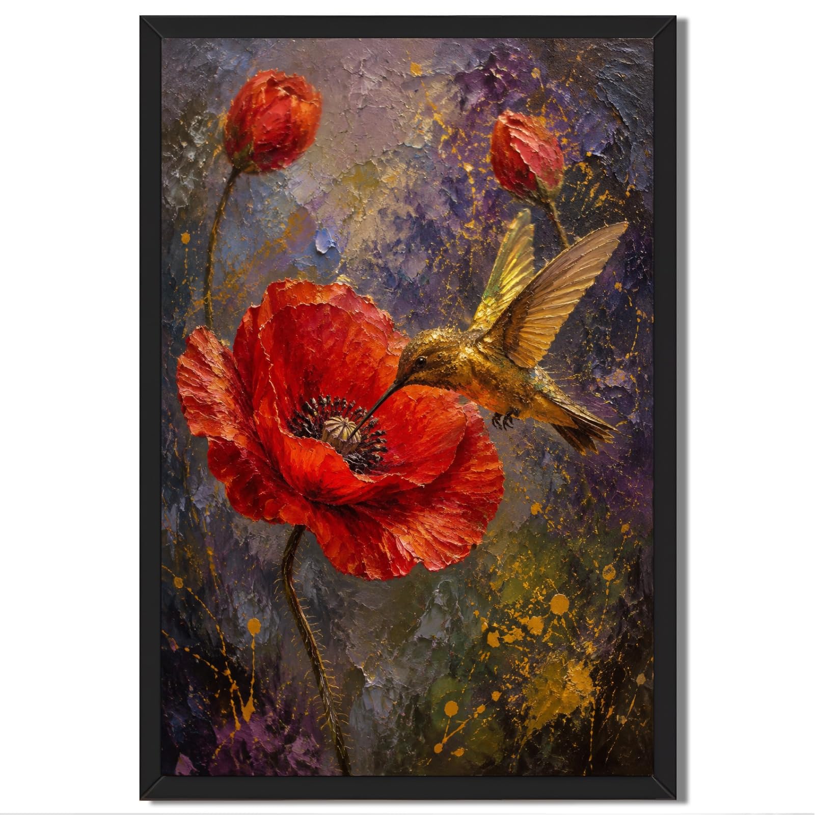 Générique Peinture À L'huile Encadrée Avec Colibri Et Fleur De Coquelicot - Impression Sur Toile Art Moderne Contemporain Superbe Décoration Murale Élégante for Salon, Chambre Coucher, D'intérieur