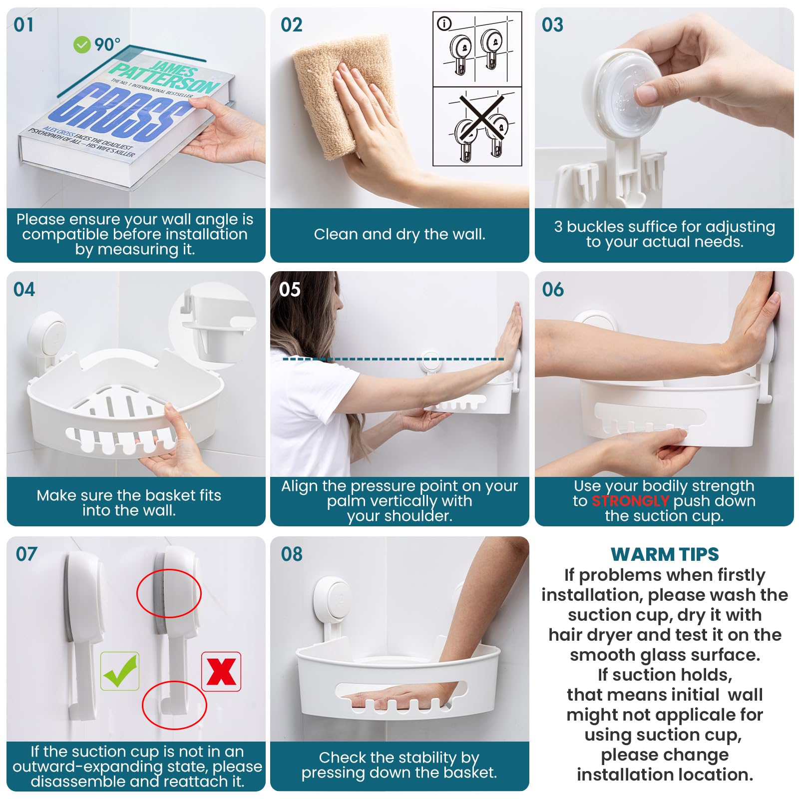 TAILI Duschablage ohne Bohren Duschablage Saugnapf Ecke Extra Stark, Weiß | Saugnapf Dusche Organizer Große Kapazität Bad Organizer Ohne Bohren Badezimmer Zubehör für Shampoo Duschkorb Küche