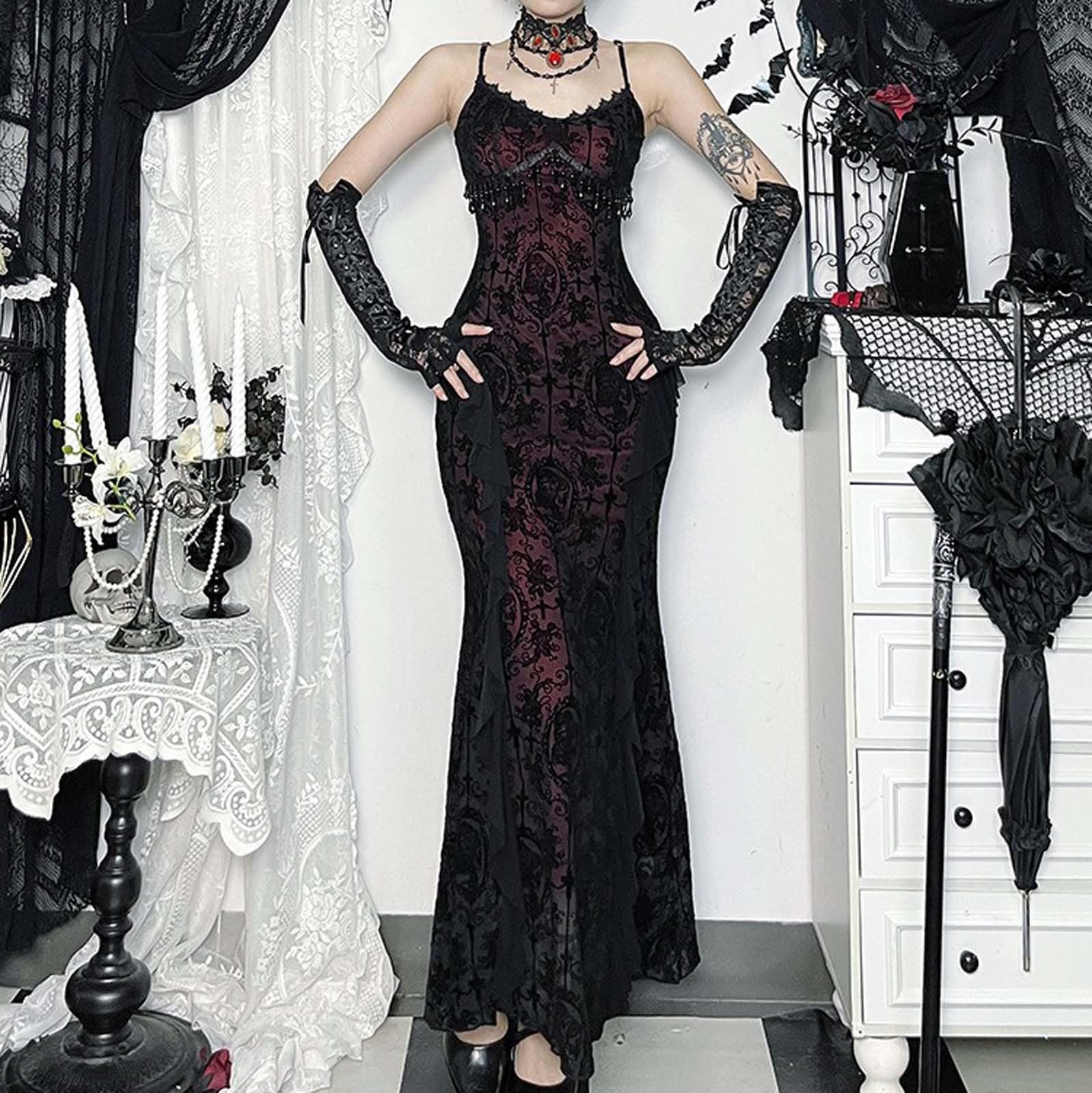 Vestido gótico con tirantes para mujer, vestido largo de encaje con escote sin mangas y detalle central, silueta formal para disfraz de fiesta de vampiro, festivales de otoño, reuniones temáticas