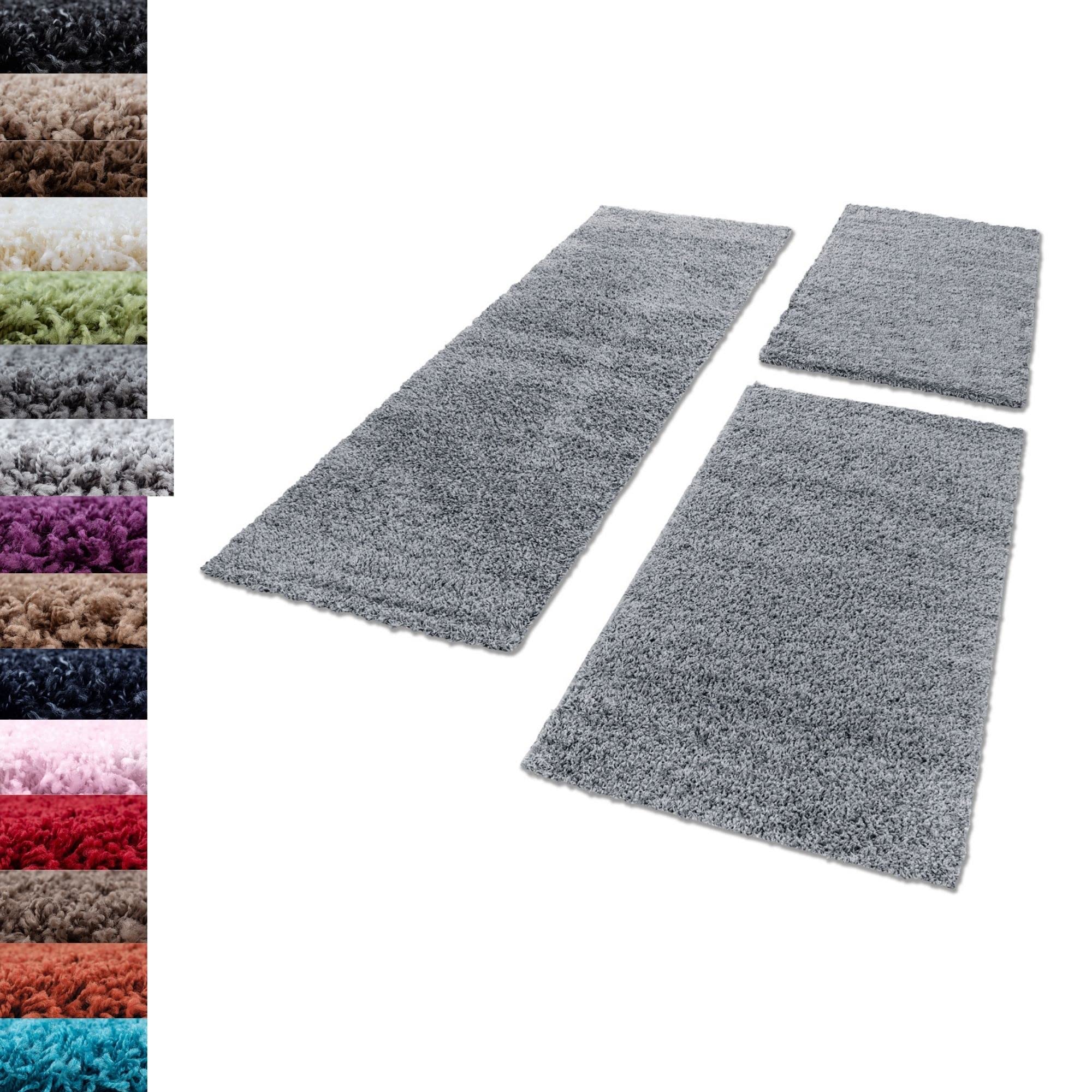 Carpettex Bettumrandung Schlafzimmer 3teilig Shaggy Teppich Hochflor Einfarbig Hellgrau Bettset:2 mal 80x150 + 1 mal 100x200 - Bettvorleger Schlafzimmer Läuferset Flauschiger Bettumrandung Teppich