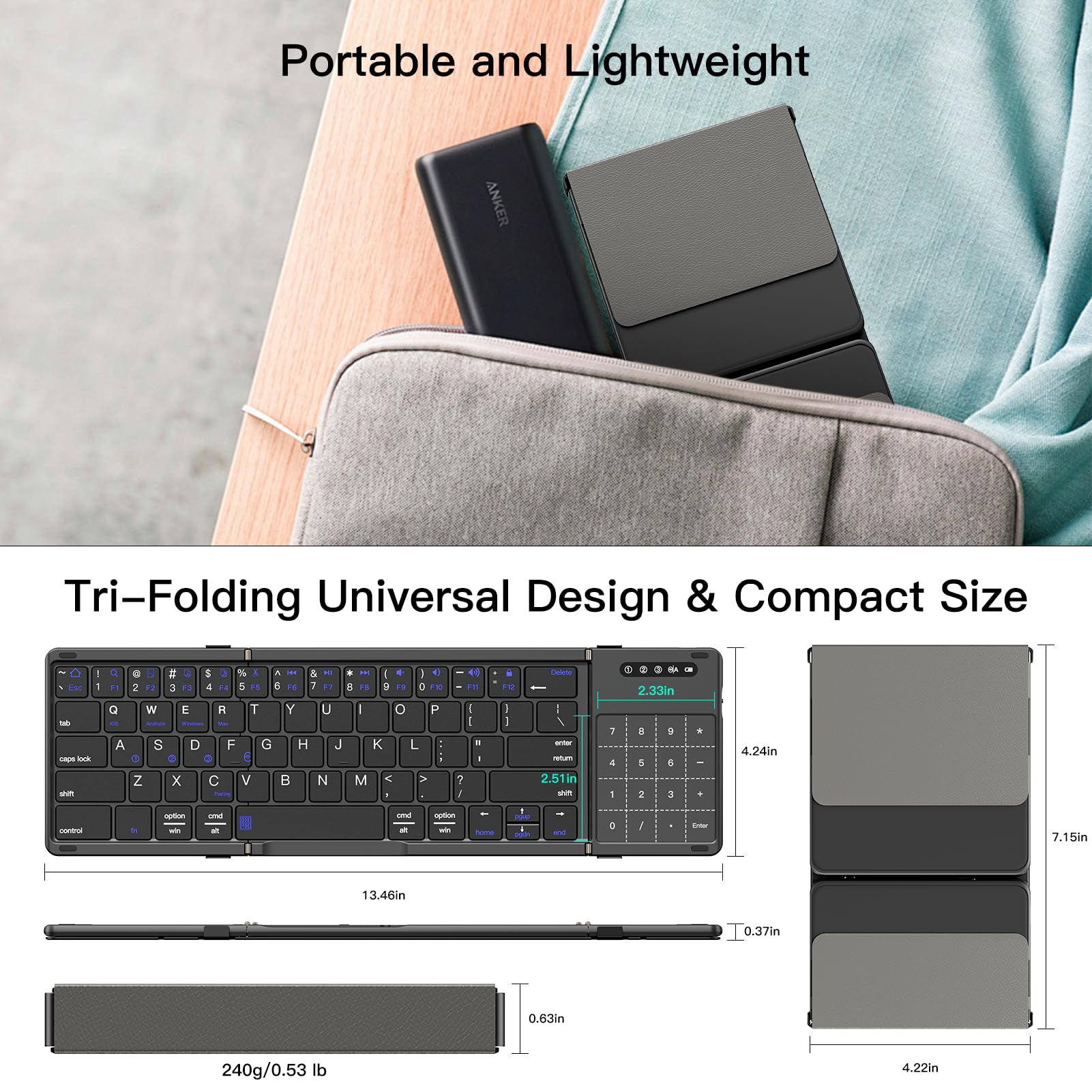 XIWMIX Tastiera Bluetooth pieghevole 2 in 1 con touchpad e tastierino numerico, multi-dispositivo pieghevole wireless ricaricabile portatile tastiera da viaggio per iPad, laptop, PC, compatibile con