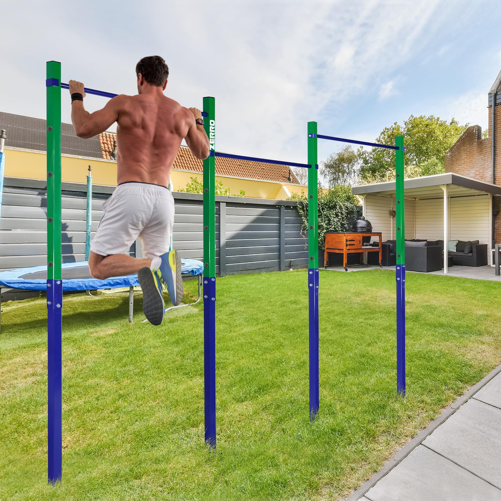ZERRO Barre de Gymnastique Jardin Charge 150 kg, Barre asymétrique Gymnastique, Barre d'escalade réglable en Hauteur pour Usage extérieur en Vert-Bleu