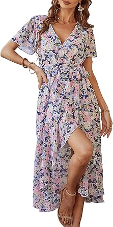 PRETTYGARDEN Women's Summer Floral Boho Maxi Dress Wrap Short Sleeve V Neck Ruffle A-Line Flowy Wedding Guest Long Dresses