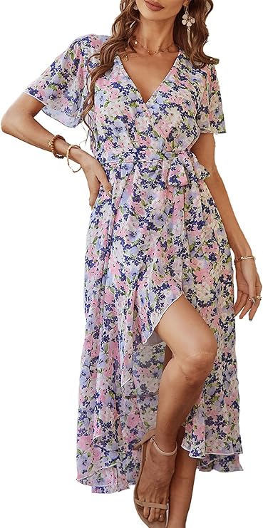 PRETTYGARDEN Women's Summer Floral Boho Maxi Dress Wrap Short Sleeve V Neck Ruffle A-Line Flowy Wedding Guest Long Dresses