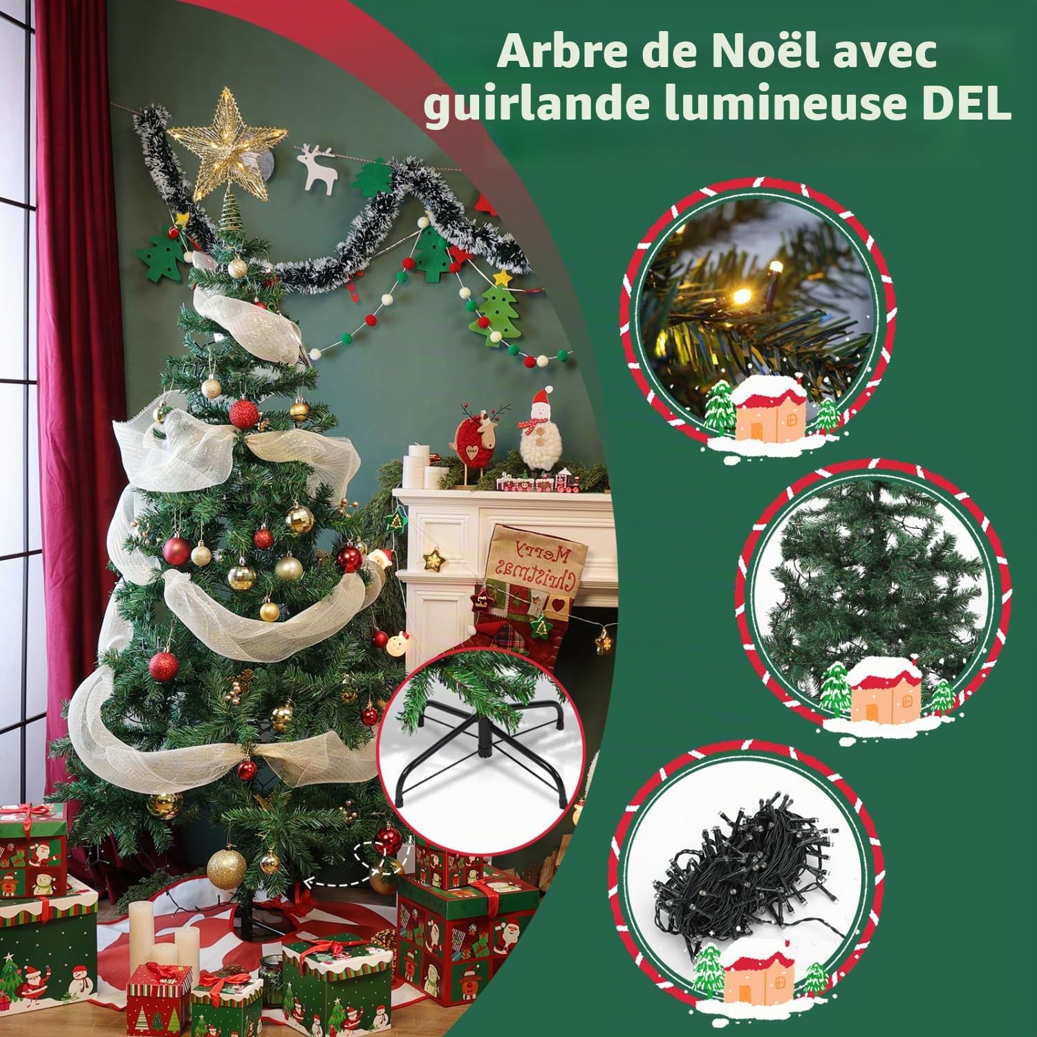 Aigostar Sapin de Noël Artificiel 180 cm avec Guirlande Lumineuse LED 18 M，8 Modes d'Éclairage，300 LED Lumières Blanche Chaude，450 Branches， Inclus Support en Métal， Décoration de Noël， Vert