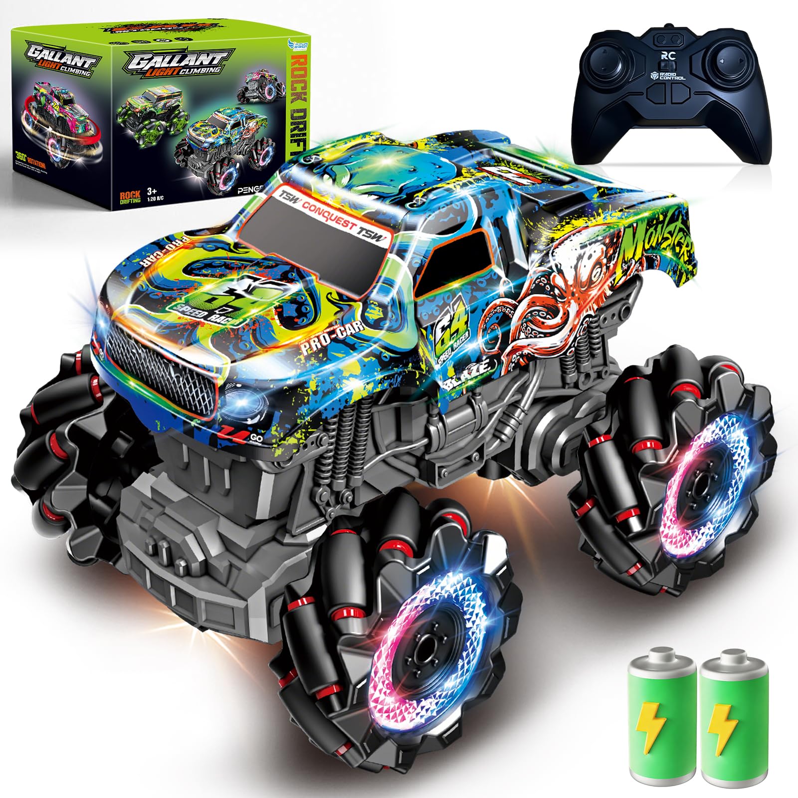 Monster truck telecomandato con luci, musica e rotazione a 360°