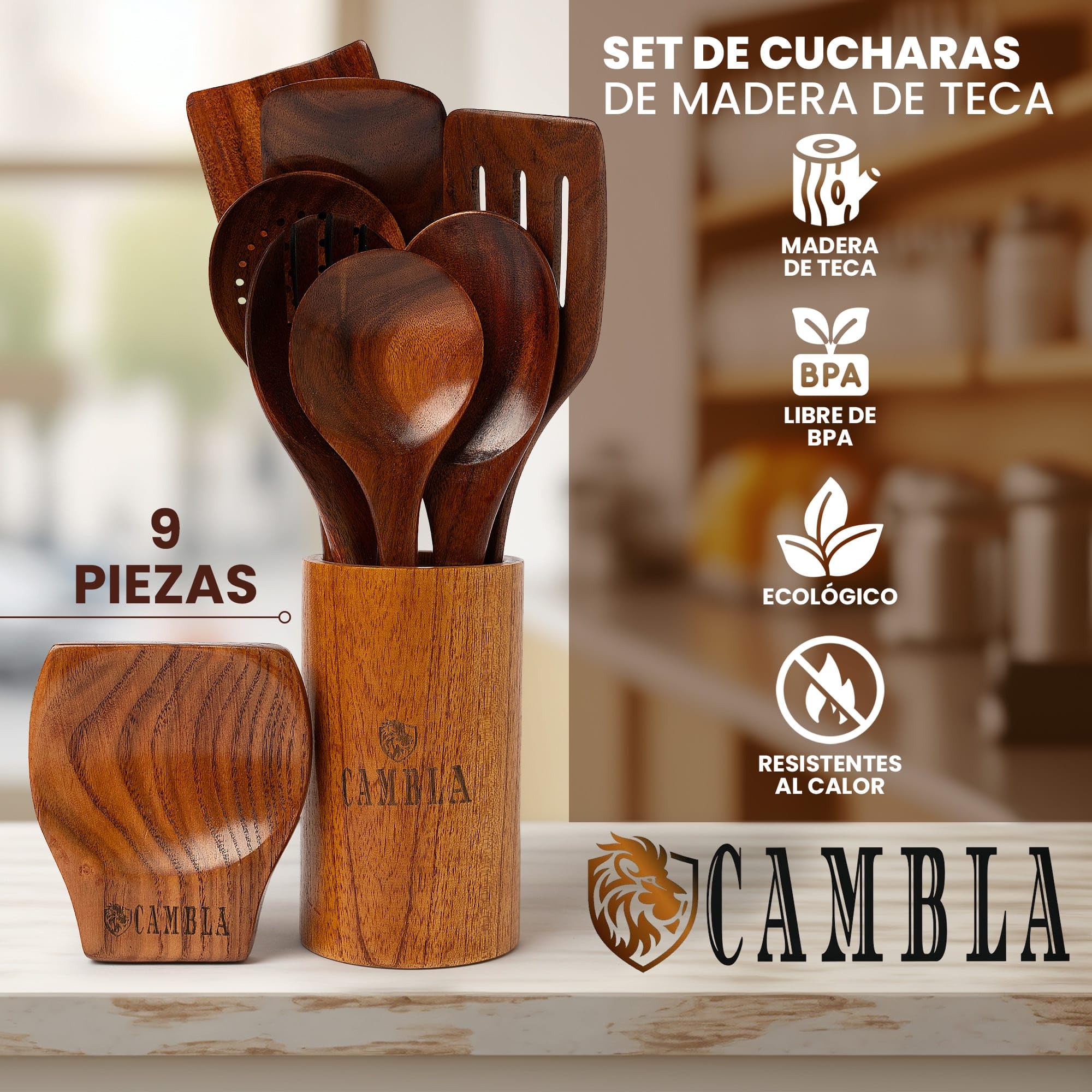 Utensilios de Cocina Madera - 9 pzas - Madera de Teca - Antiarañazos - Set de Espatulas y Cucharones de Cocina - Agarre Comodo para sartenes Antiadherentes - CAMBLA