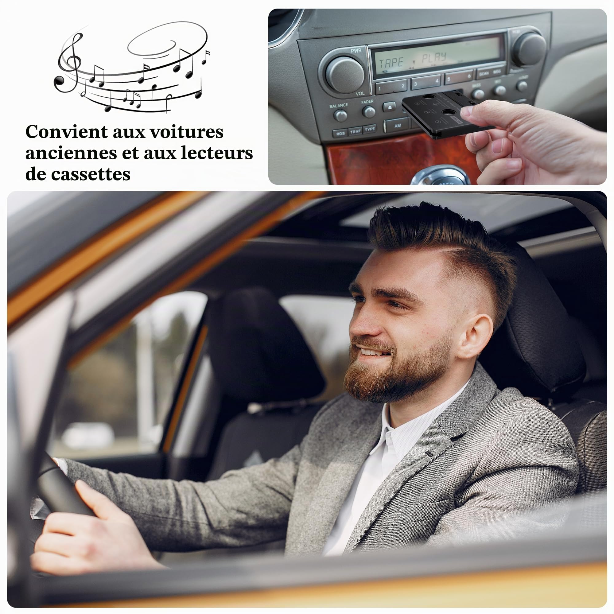 Adaptateur de Lecteur de Cassette Audio de Voiture,Cassette Adaptateur Voiture Adaptateur Bluetooth 5.0, Adapté Aux Téléphones Portables, Lecteurs MP3 et Tablettes